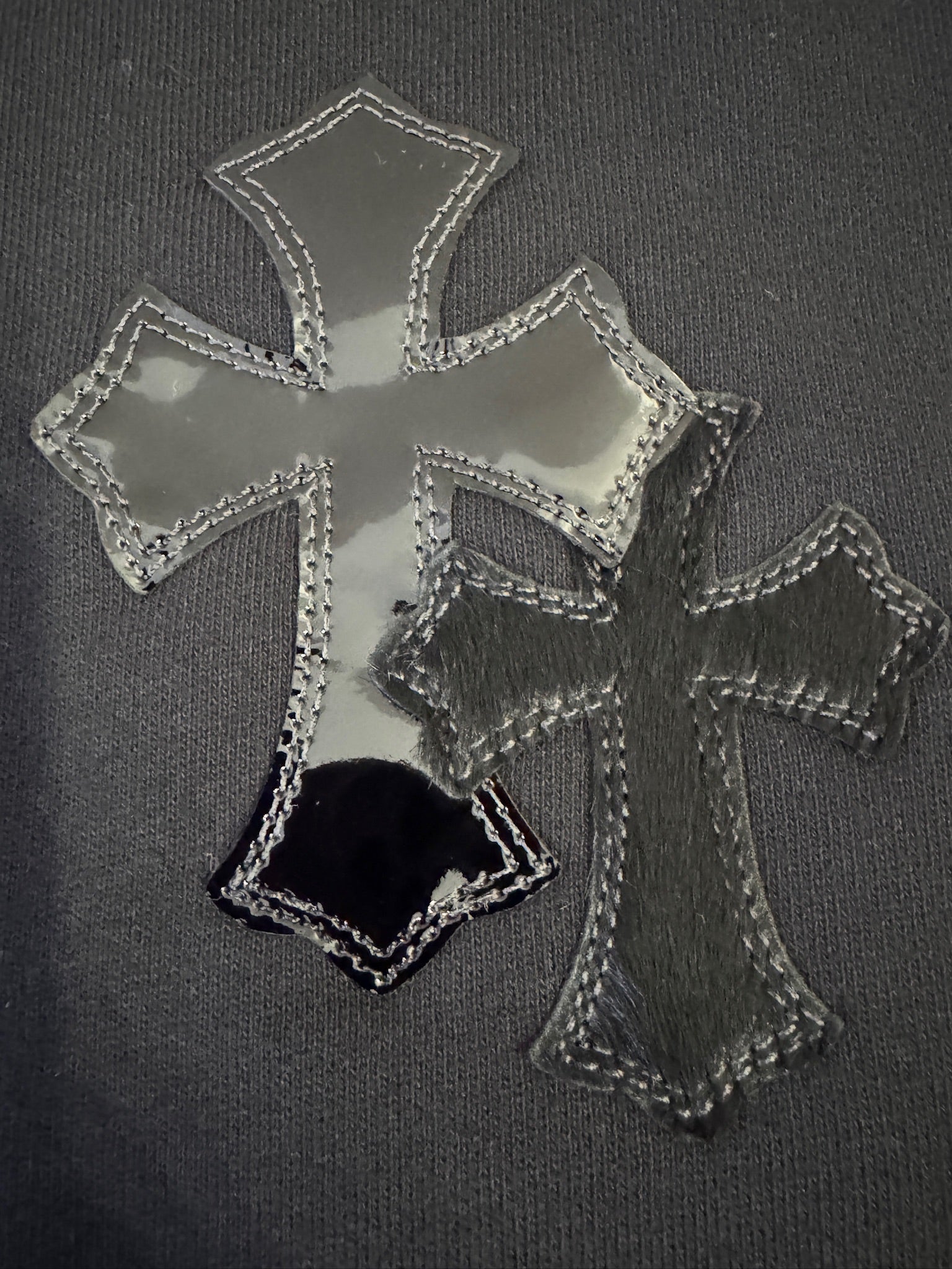 Chrome Hearts Black Sweater Black Leather and Ponyhair Cross Patches