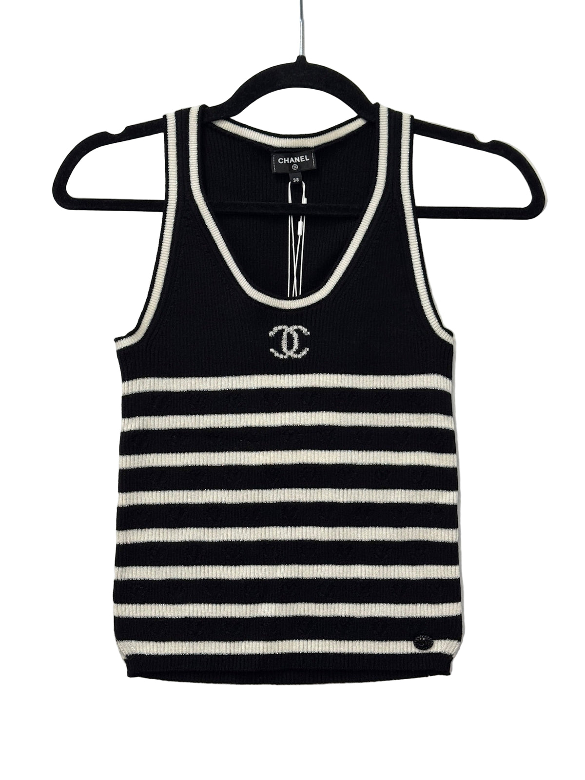 Chanel Black and White Striped Tank Top CC Logo - Size FR 38