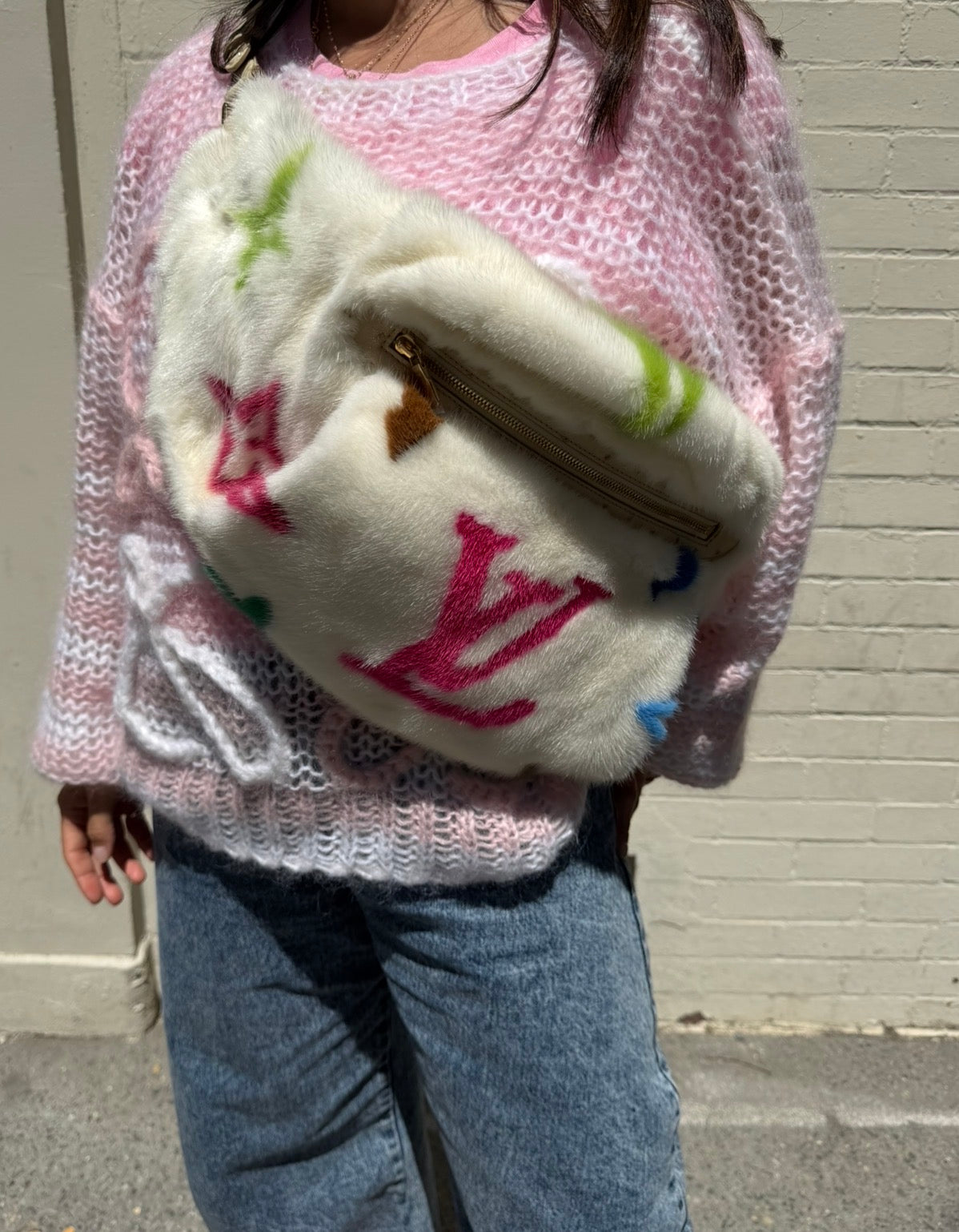 Louis Vuitton X Takashi Murakami White Mink Bumbag With Ostrich and Multicolors Monogram