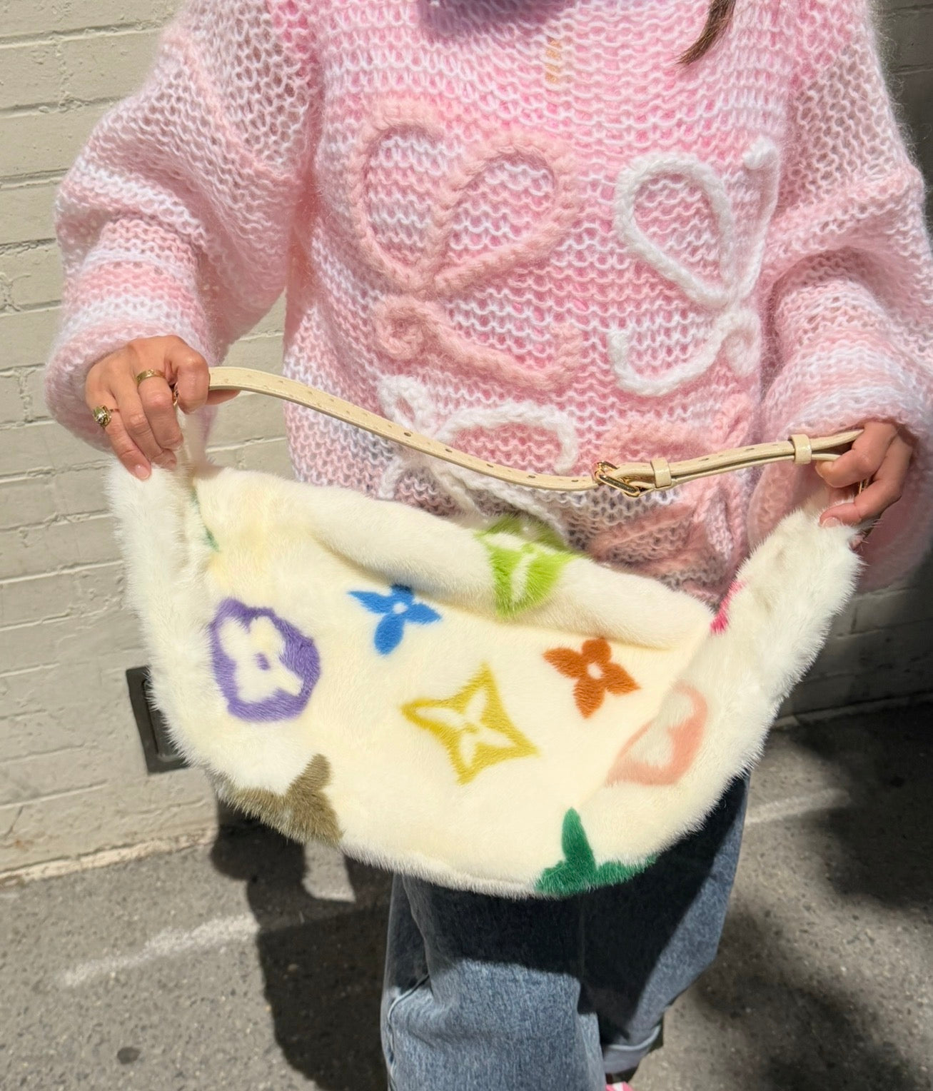Louis Vuitton X Takashi Murakami White Mink Bumbag With Ostrich and Multicolors Monogram