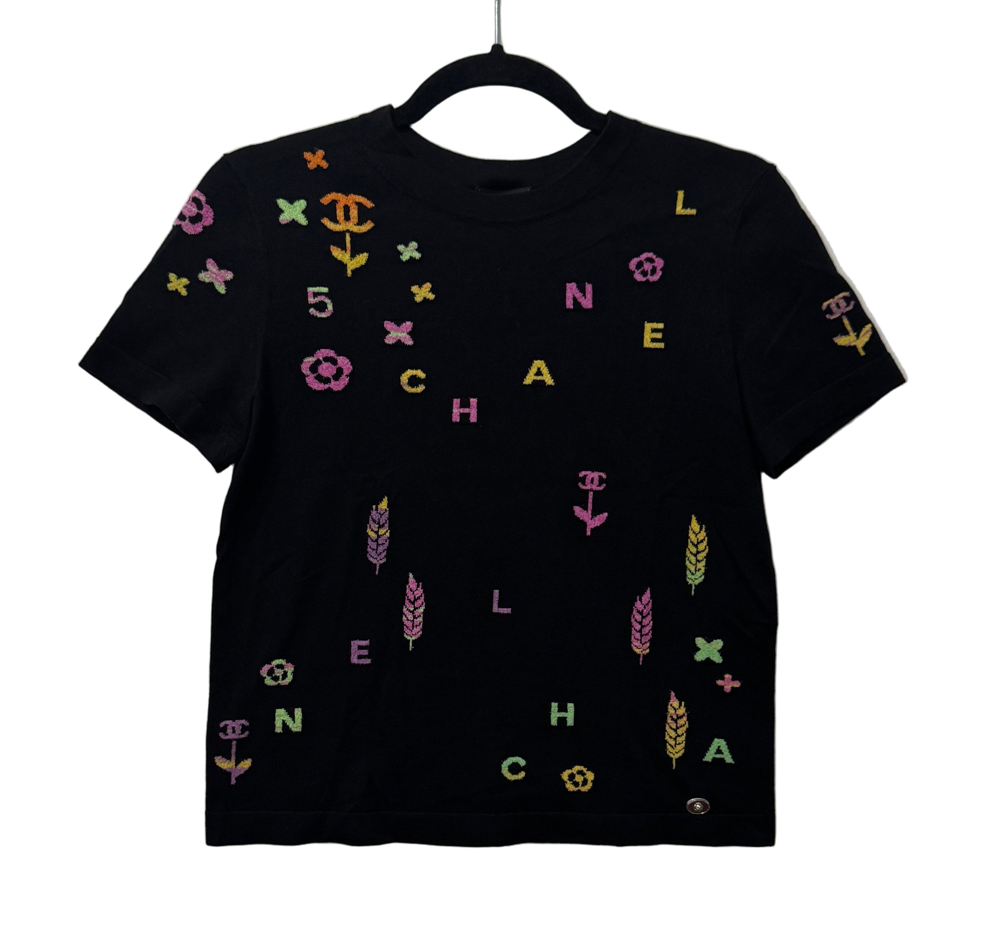 Chanel Black Top with Multicolor CHANEL Print Logo