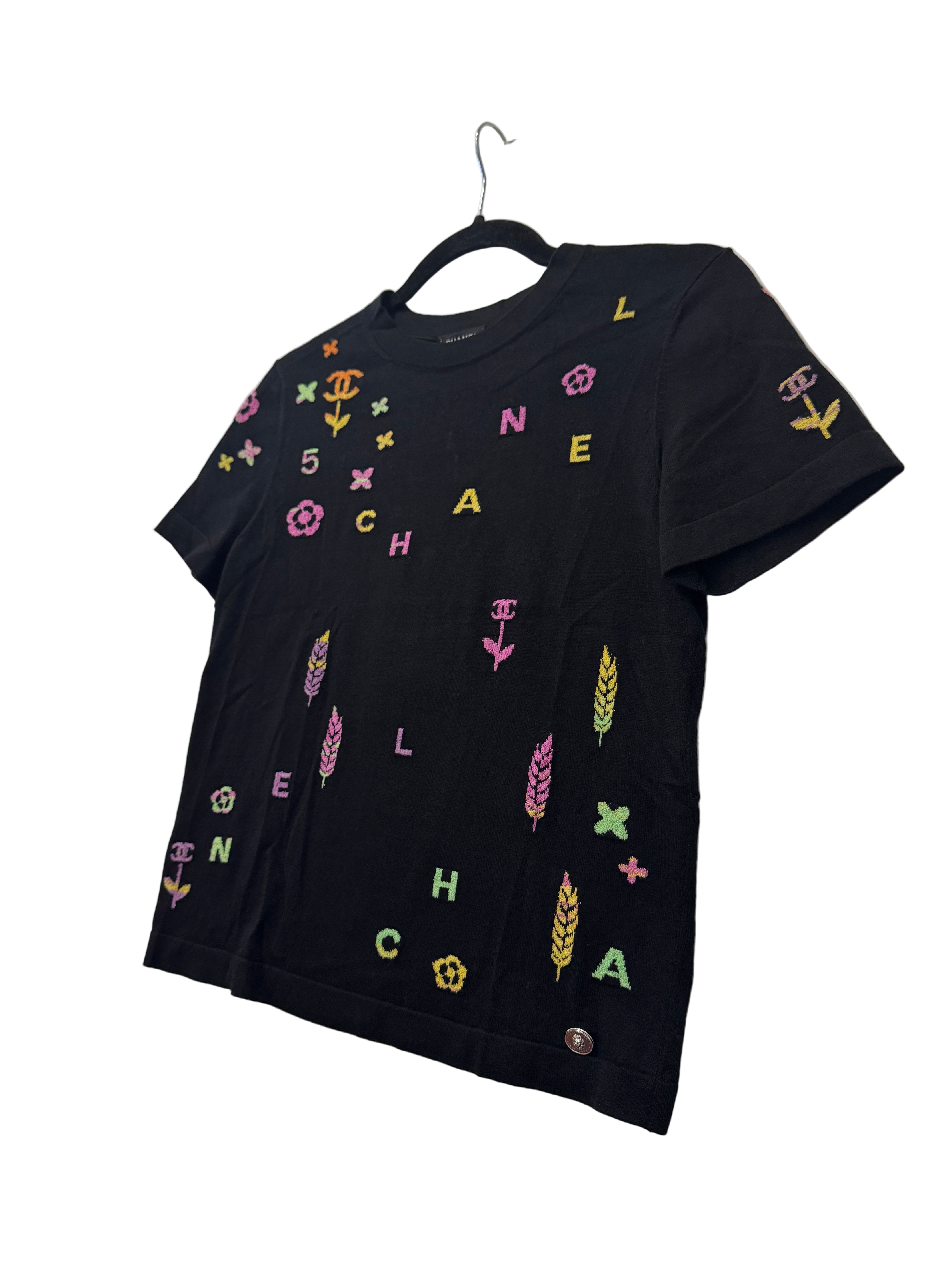 Chanel Black Top with Multicolor CHANEL Print Logo