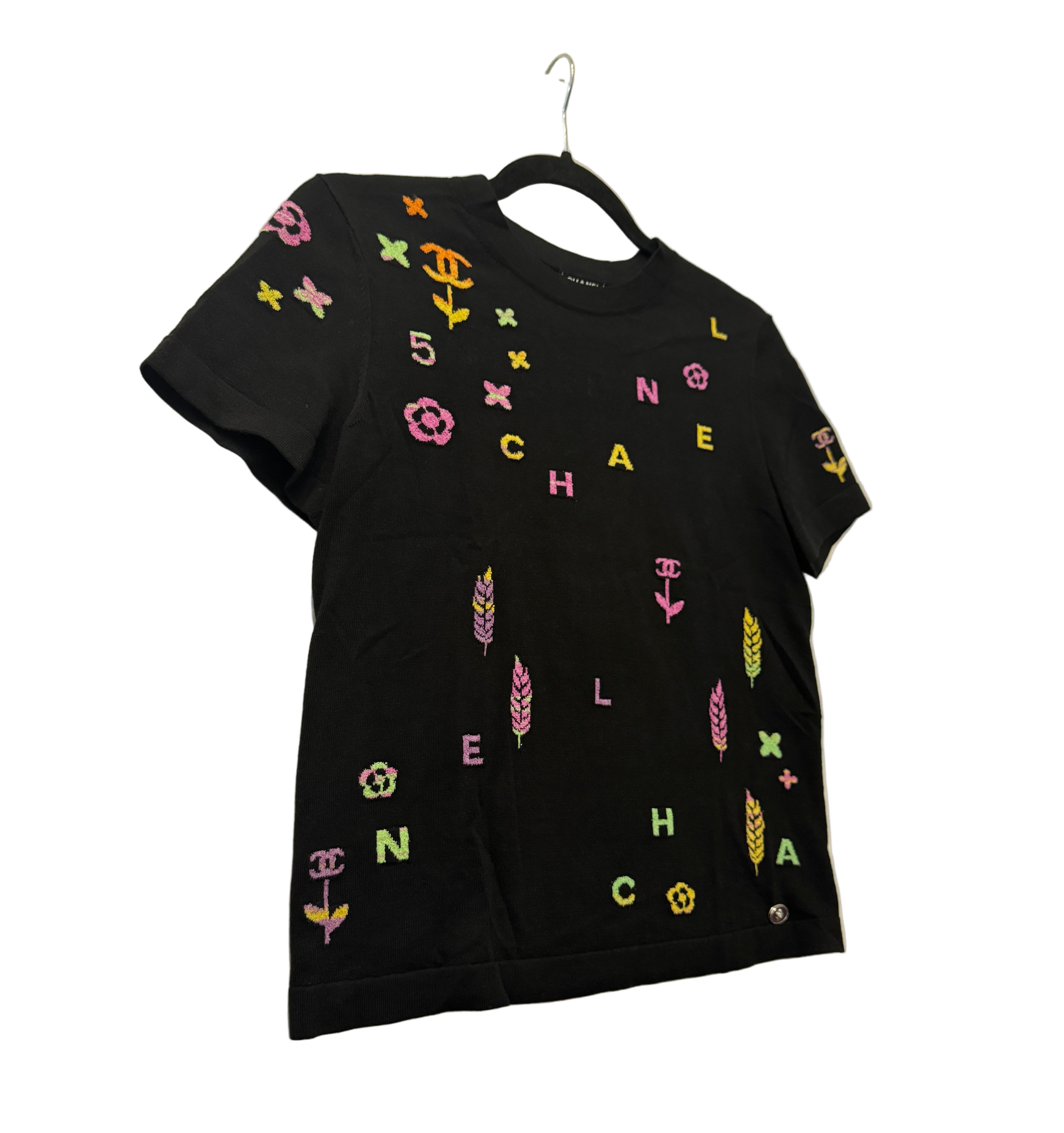 Chanel Black Top with Multicolor CHANEL Print Logo