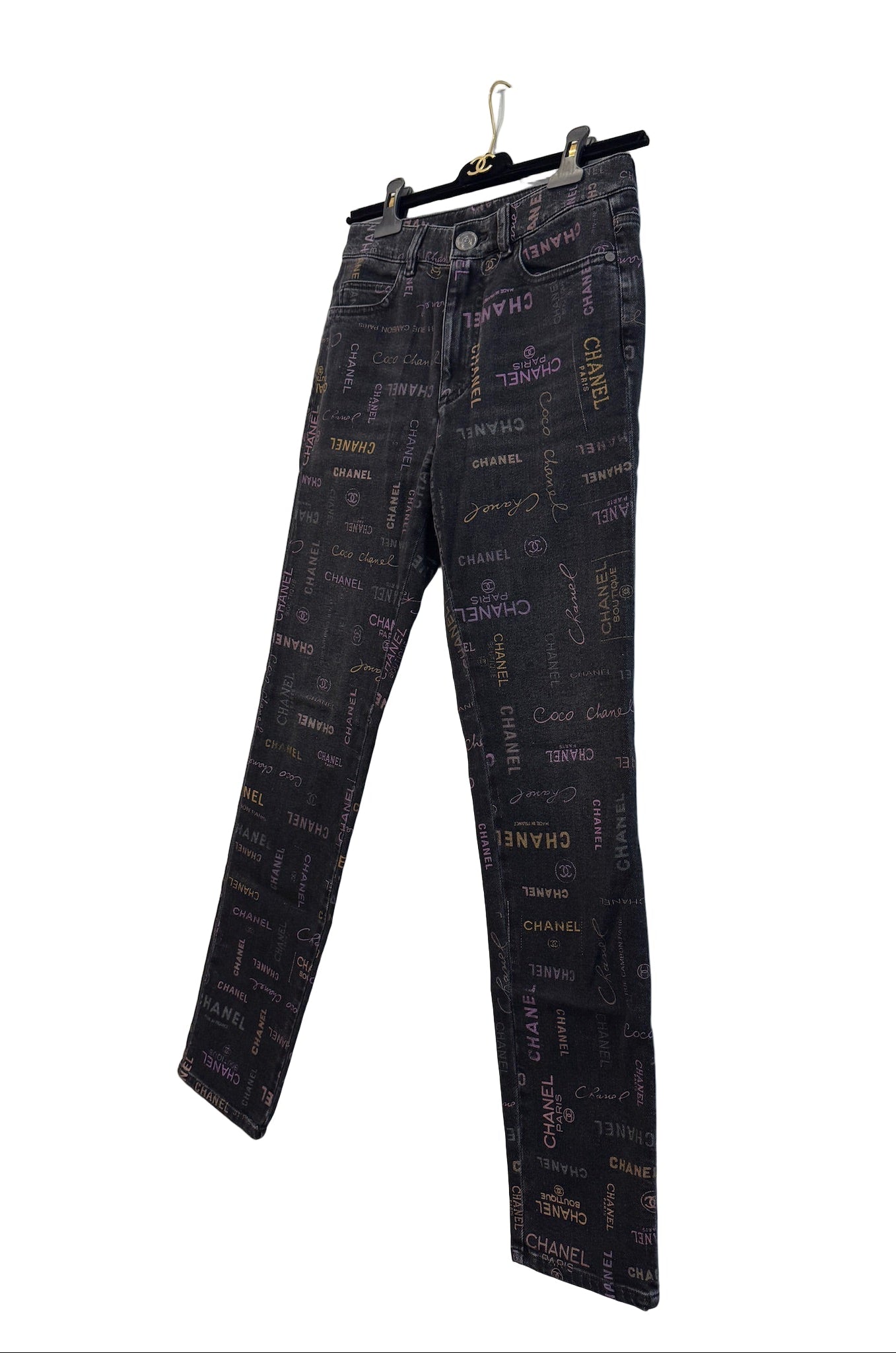 Chanel Black Denim Jeans with Multicolor CHANEL Print