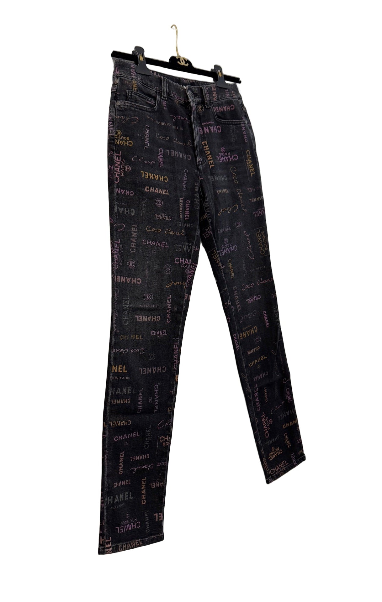 Chanel Black Denim Jeans with Multicolor CHANEL Print