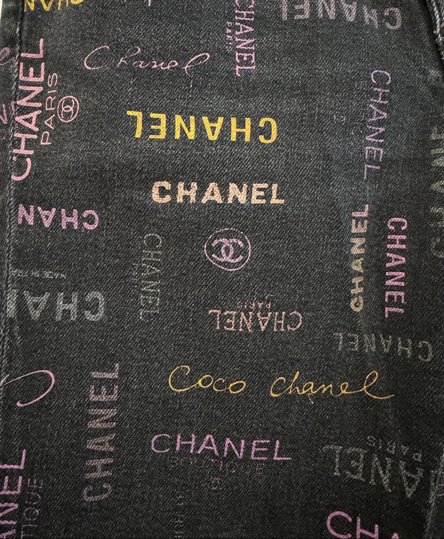 Chanel Black Denim Jeans with Multicolor CHANEL Print