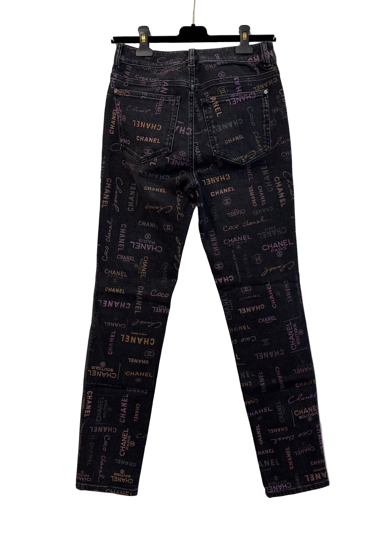 Chanel Black Denim Jeans with Multicolor CHANEL Print