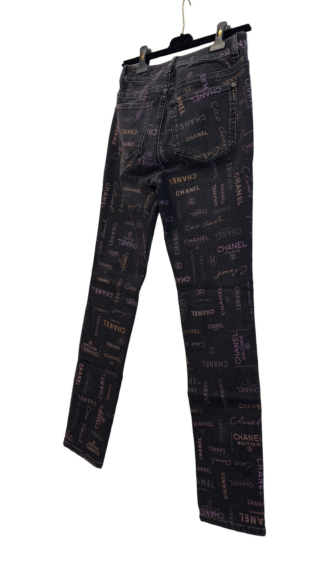 Chanel Black Denim Jeans with Multicolor CHANEL Print