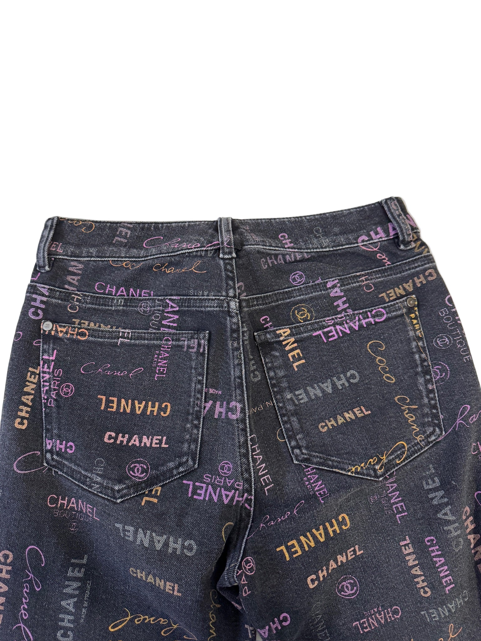 Chanel Black Denim Jeans with Multicolor CHANEL Print