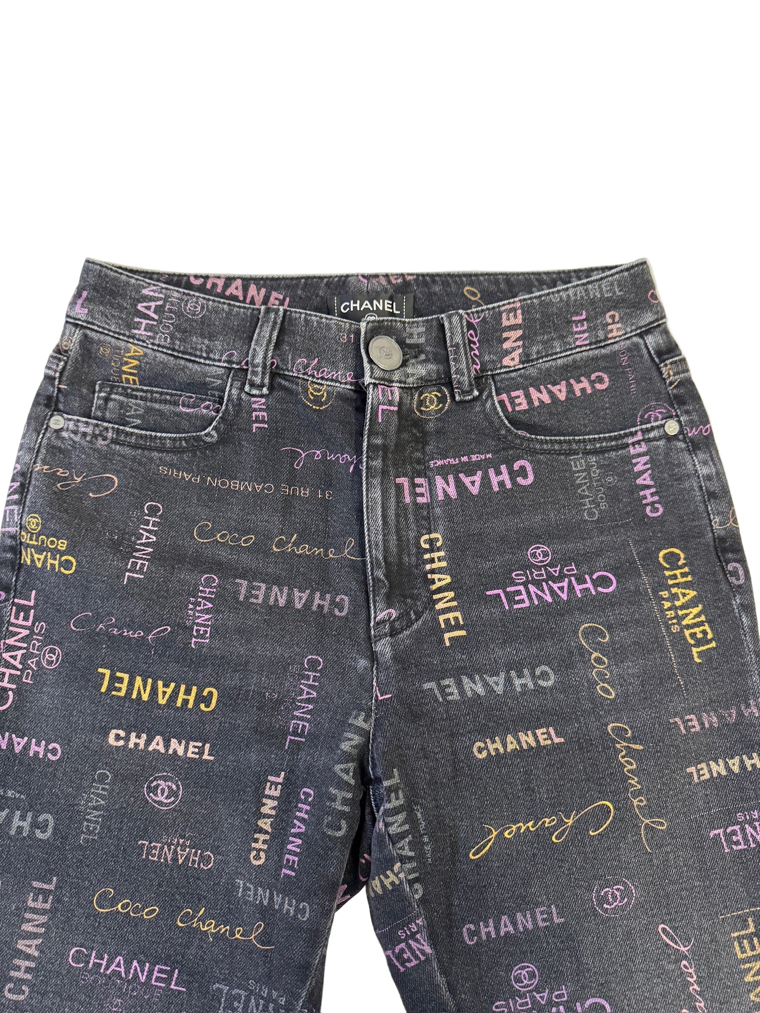 Chanel Black Denim Jeans with Multicolor CHANEL Print