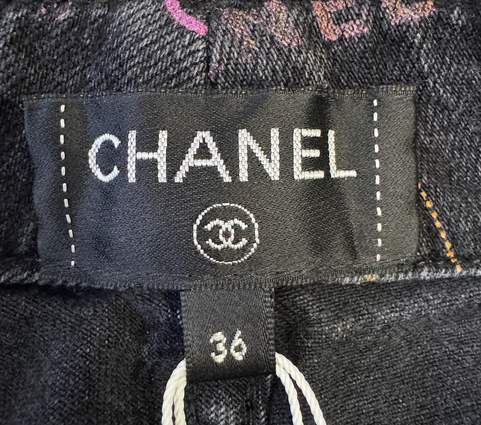 Chanel Black Denim Jeans with Multicolor CHANEL Print