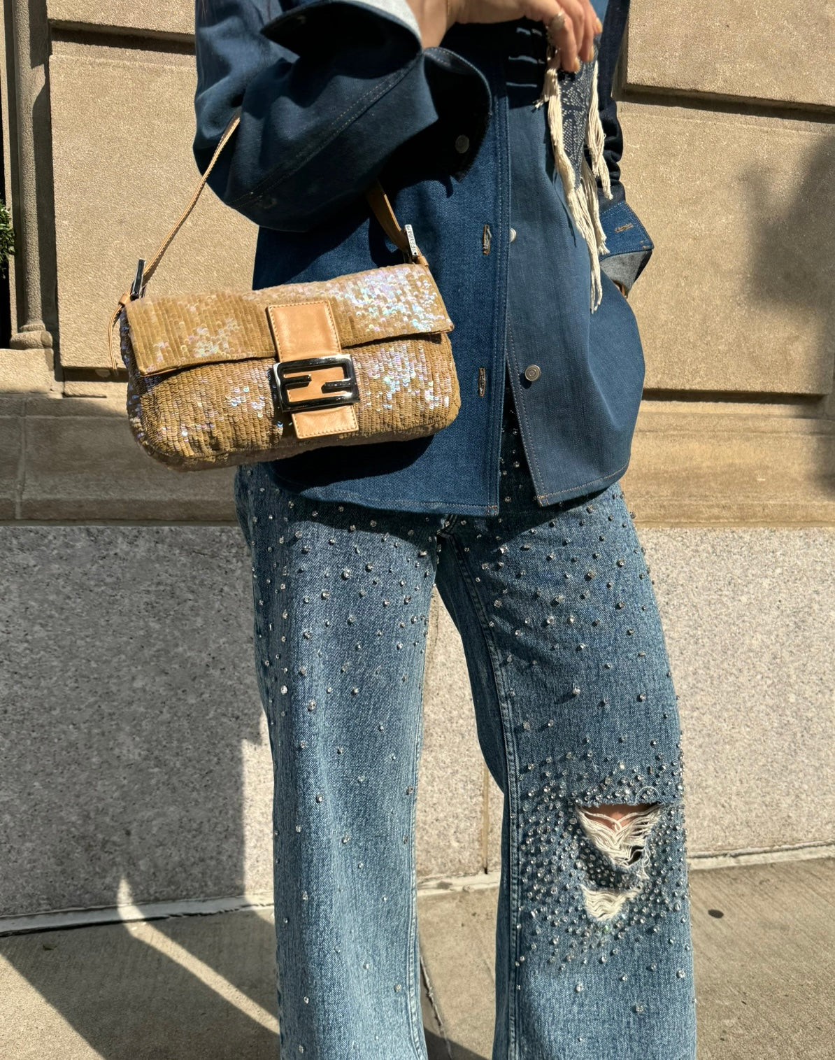 Fendi Nude Sequins Baguette with Light Brown Leather Strap and Silver Hardware