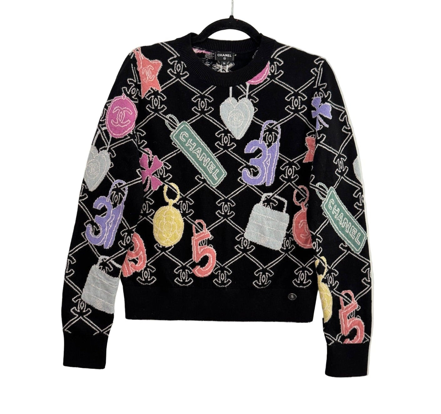 Chanel Black Cashmere Pullover with Colorful CC Logo and Charms