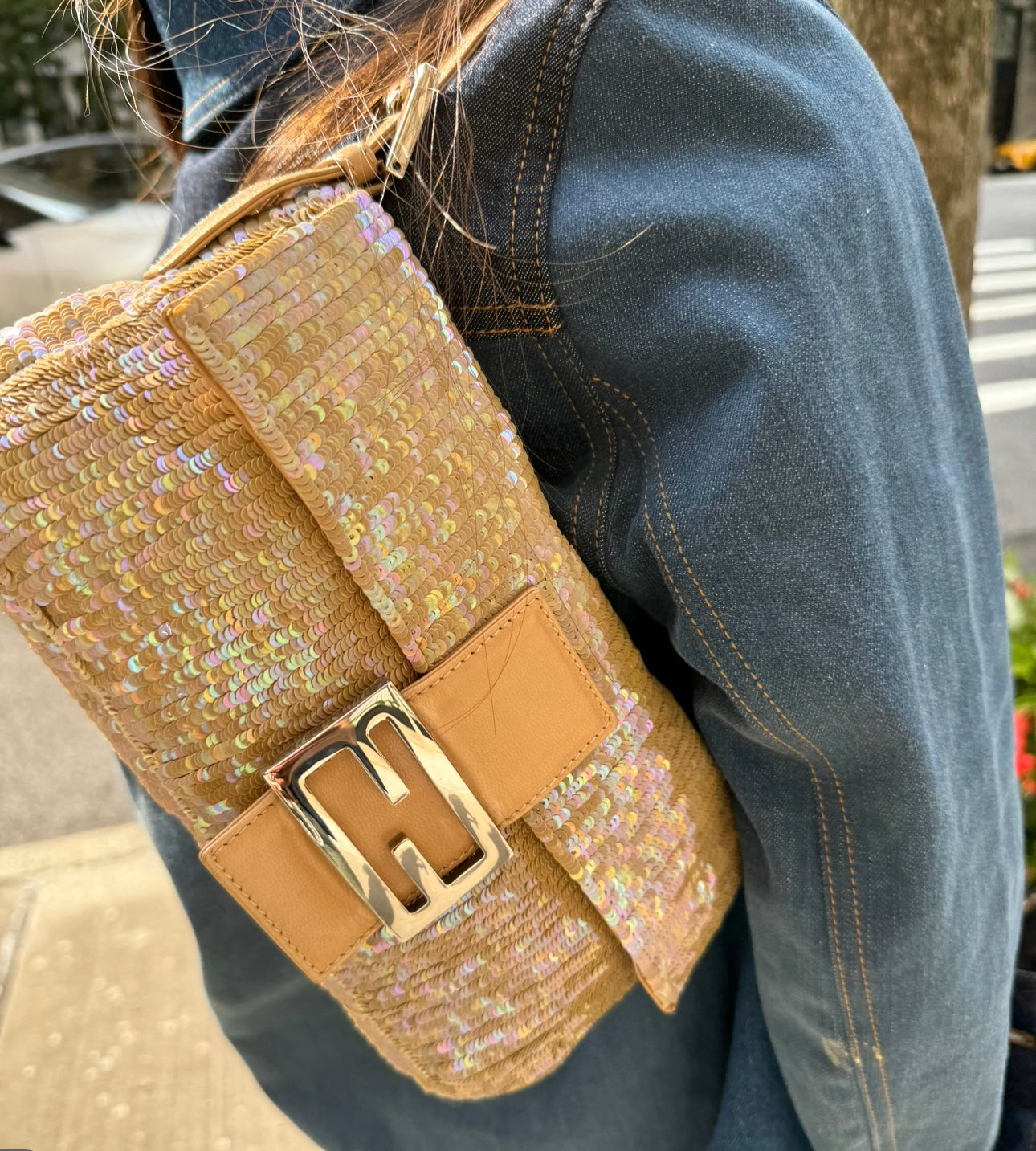Fendi Nude Sequins Baguette with Light Brown Leather Strap and Silver Hardware