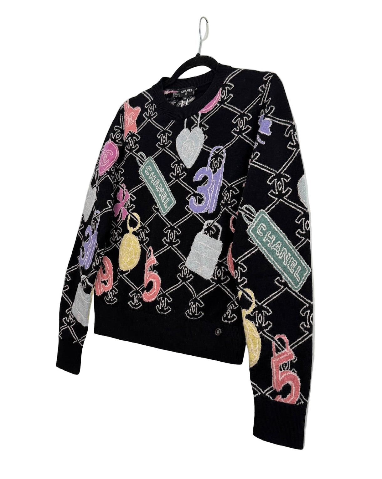 Chanel Black Cashmere Pullover with Colorful CC Logo and Charms