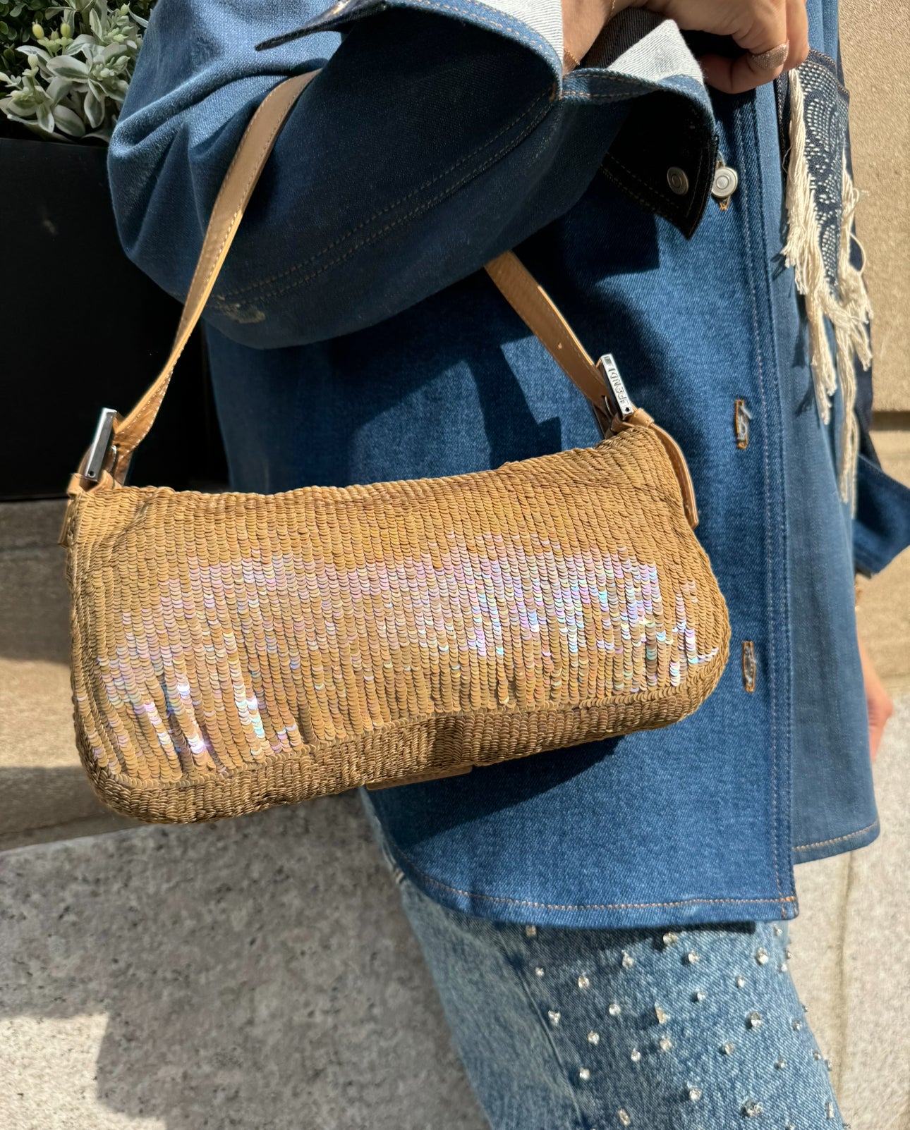 Fendi Nude Sequins Baguette with Light Brown Leather Strap and Silver Hardware