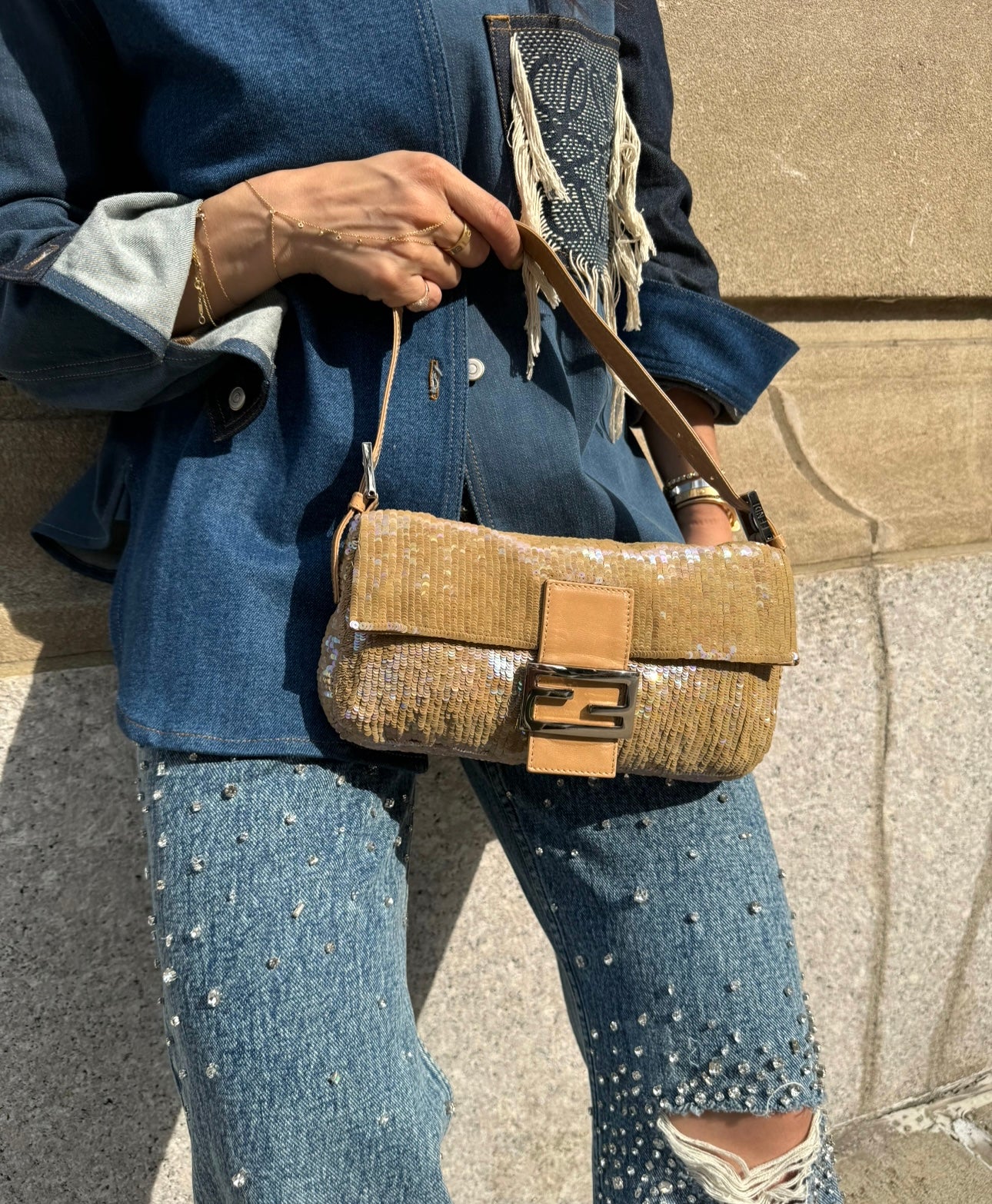 Fendi Nude Sequins Baguette with Light Brown Leather Strap and Silver Hardware