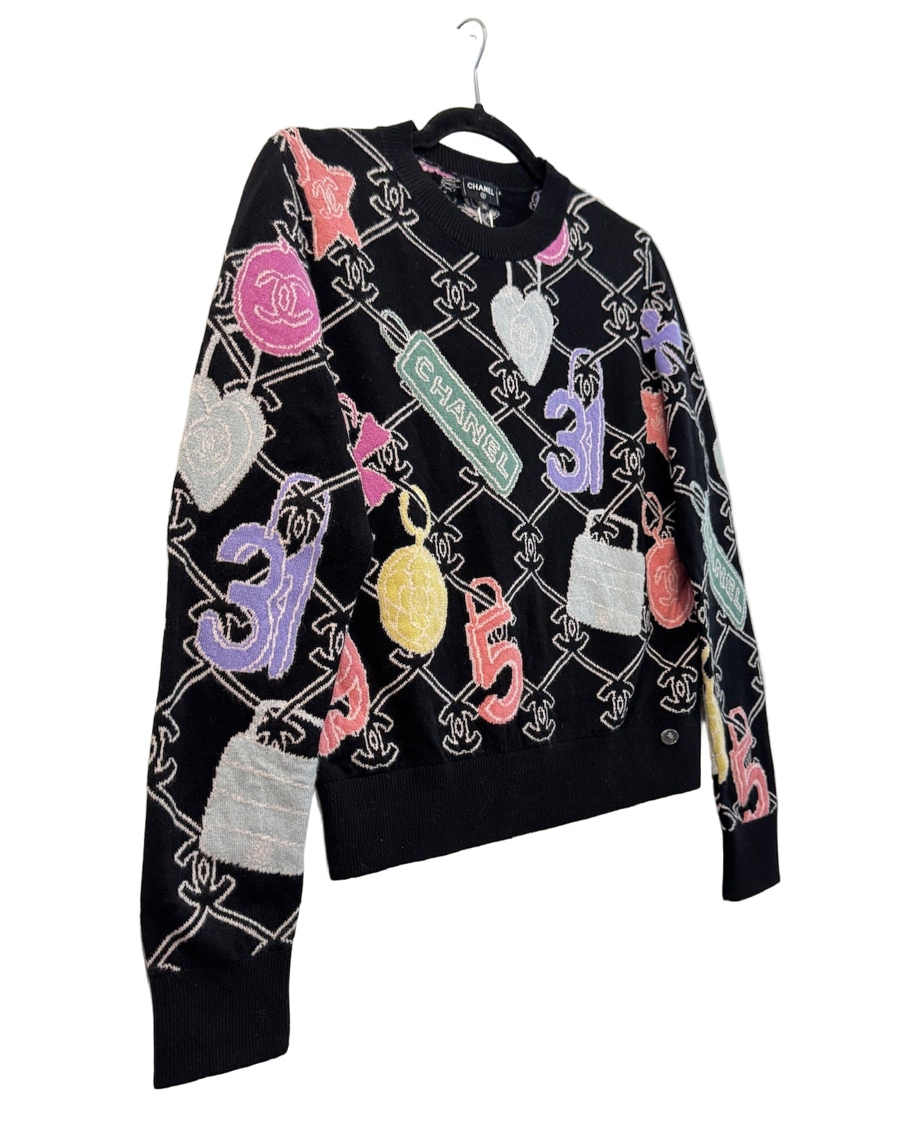 Chanel Black Cashmere Pullover with Colorful CC Logo and Charms