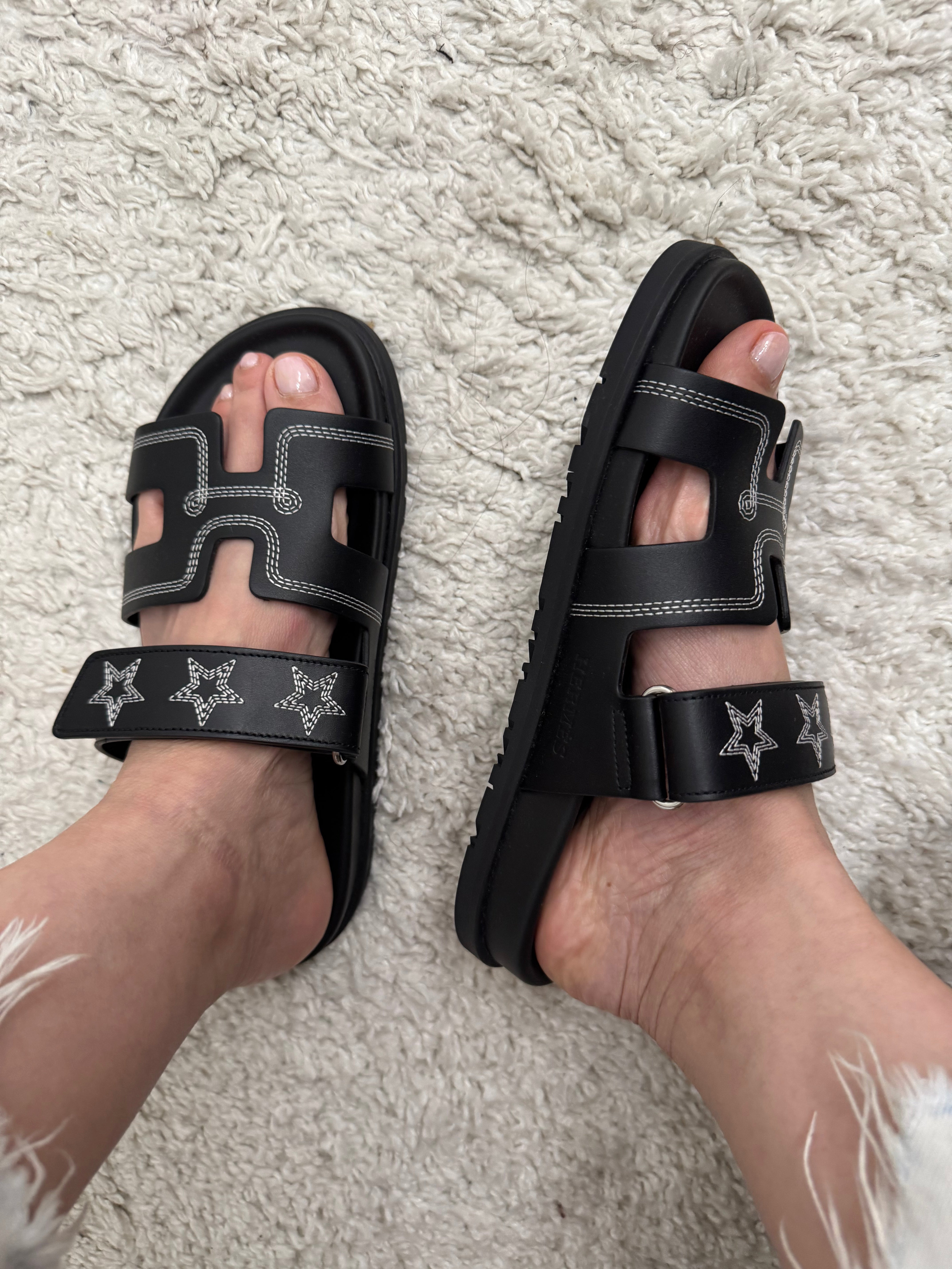 Hermès Black Chypre Sandals with Stars Embroidered