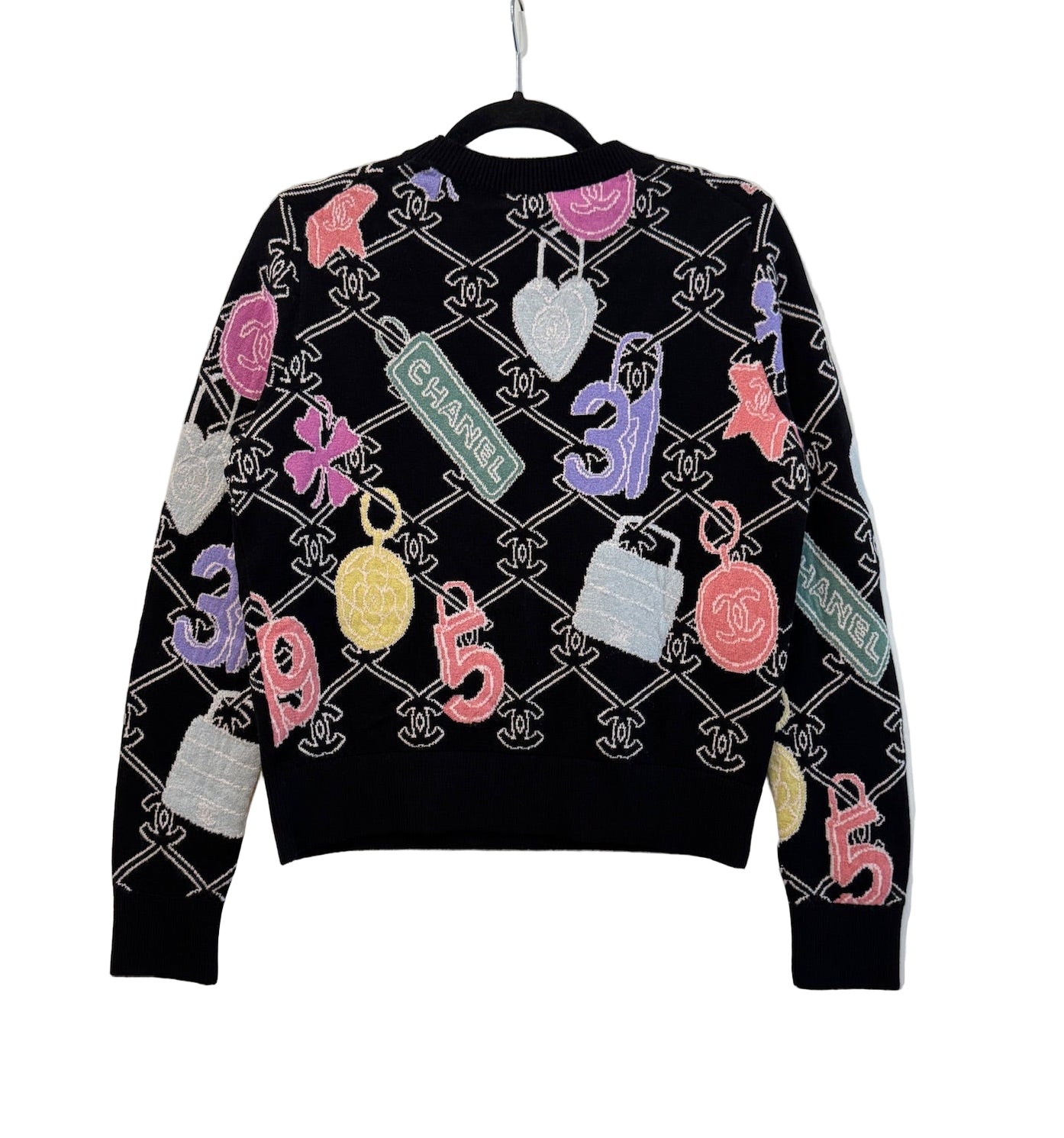 Chanel Black Cashmere Pullover with Colorful CC Logo and Charms