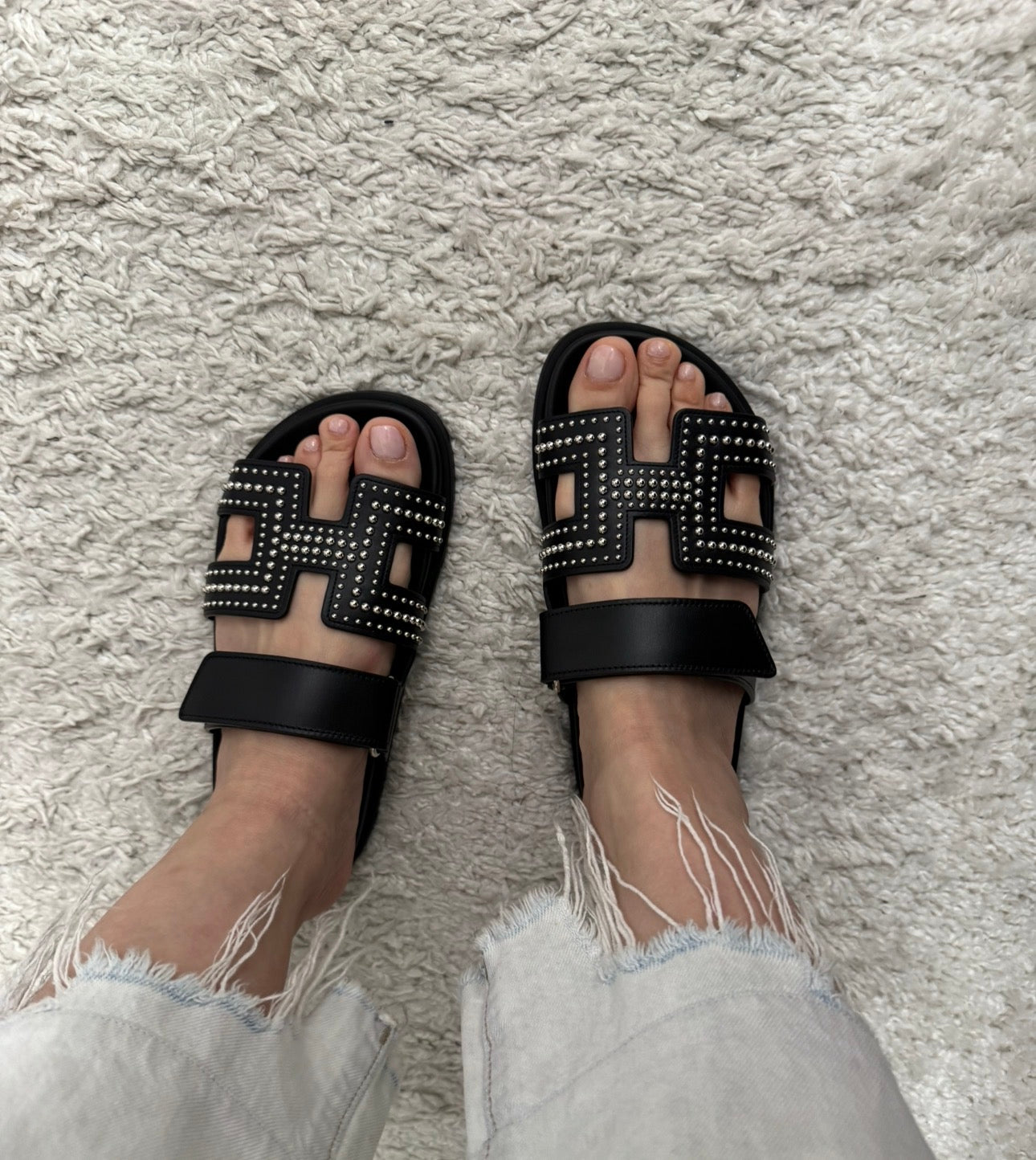 Hermès Black Leather Round Studs Chypre Sandals