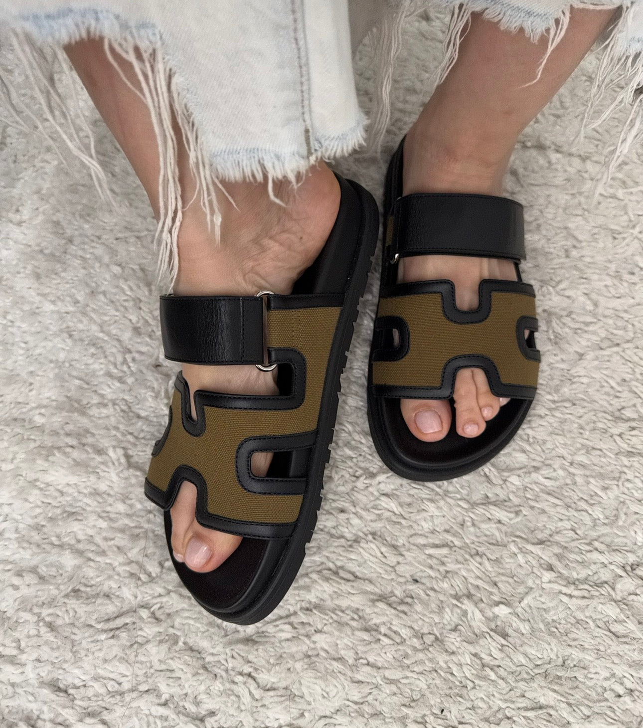 Hermès Chypre Sandals in Black and Khaki Canvas