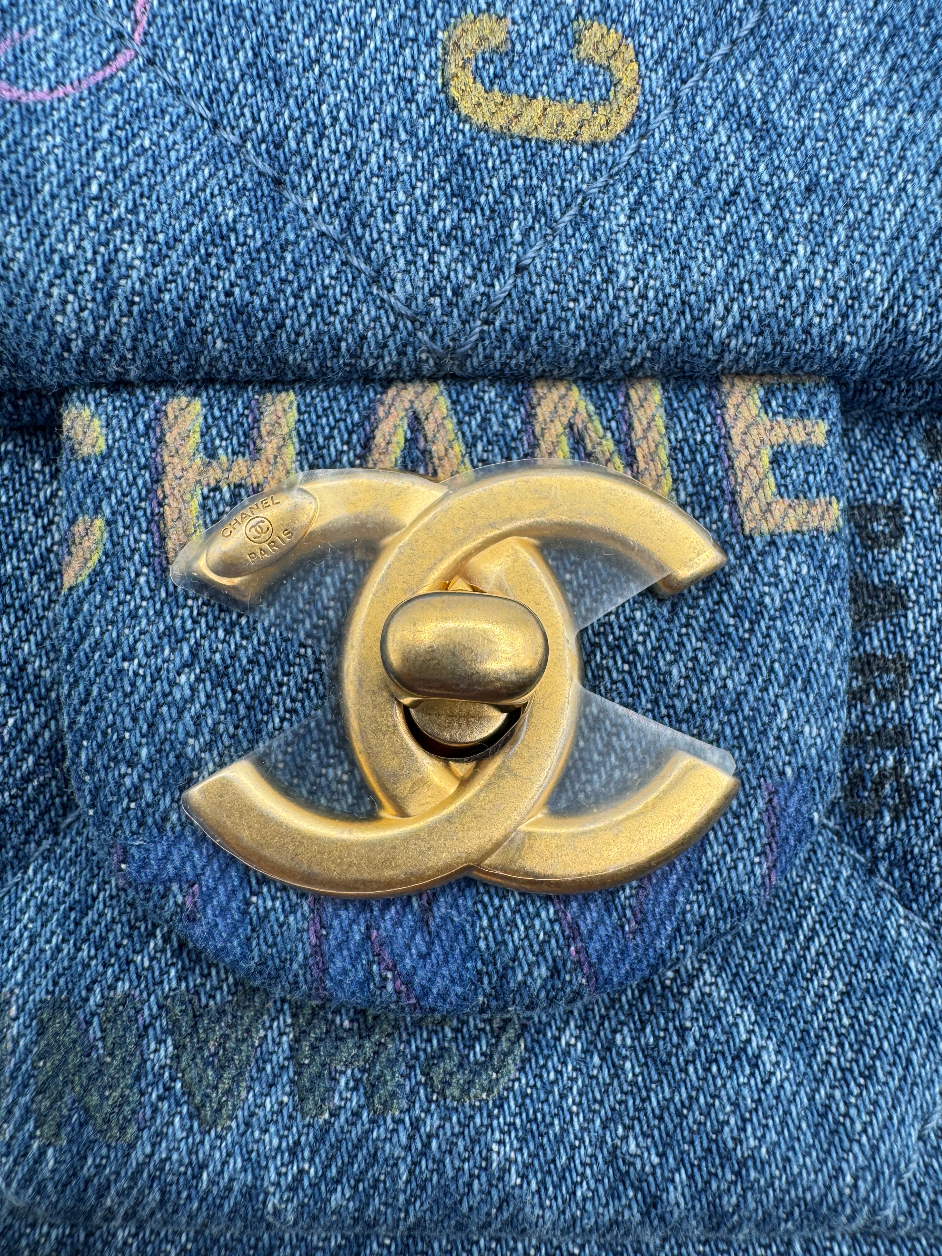 Chanel Blue Denim Mini Flap Bag With Multicolor Logos