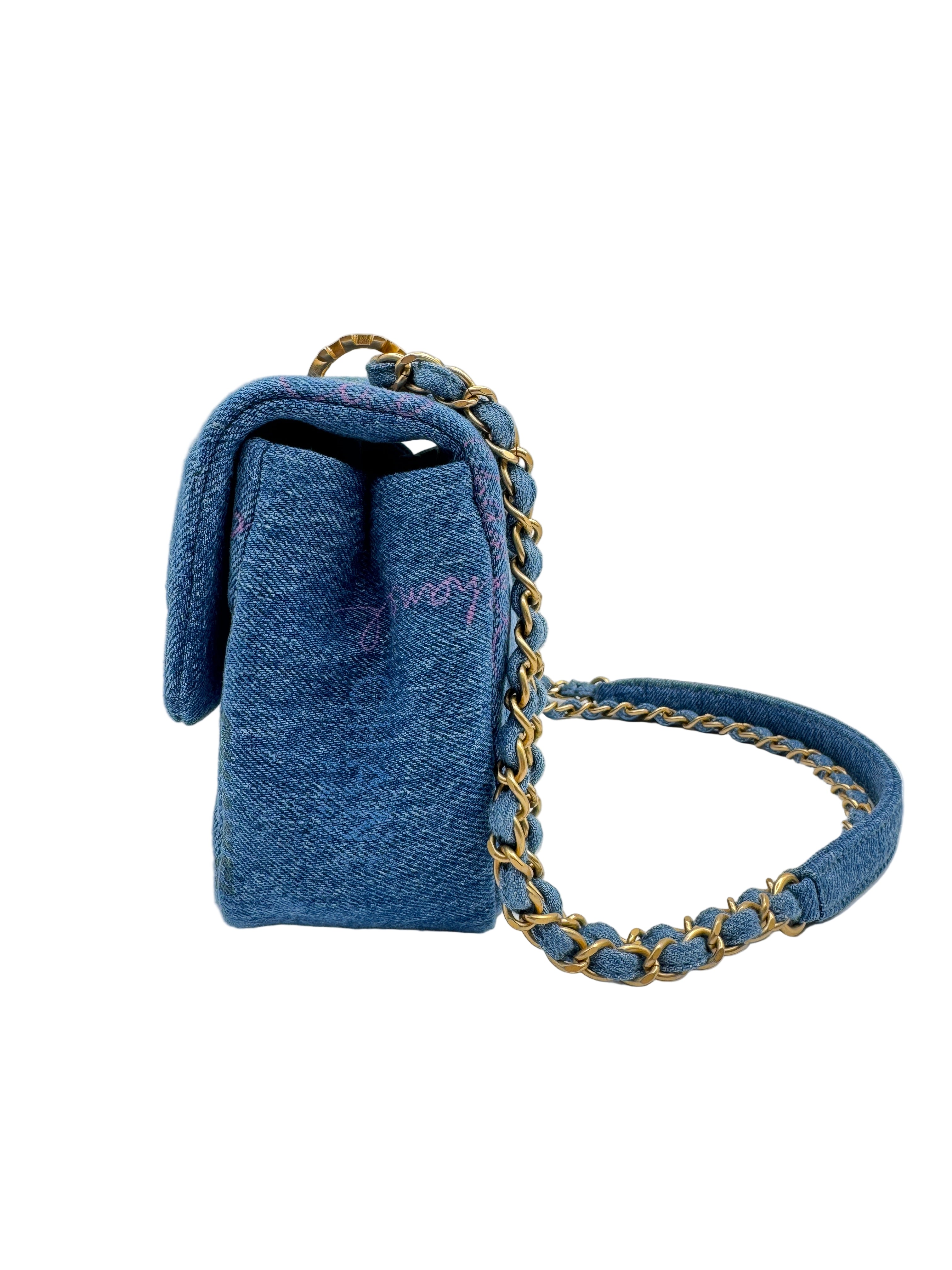 Chanel Blue Denim Mini Flap Bag With Multicolor Logos