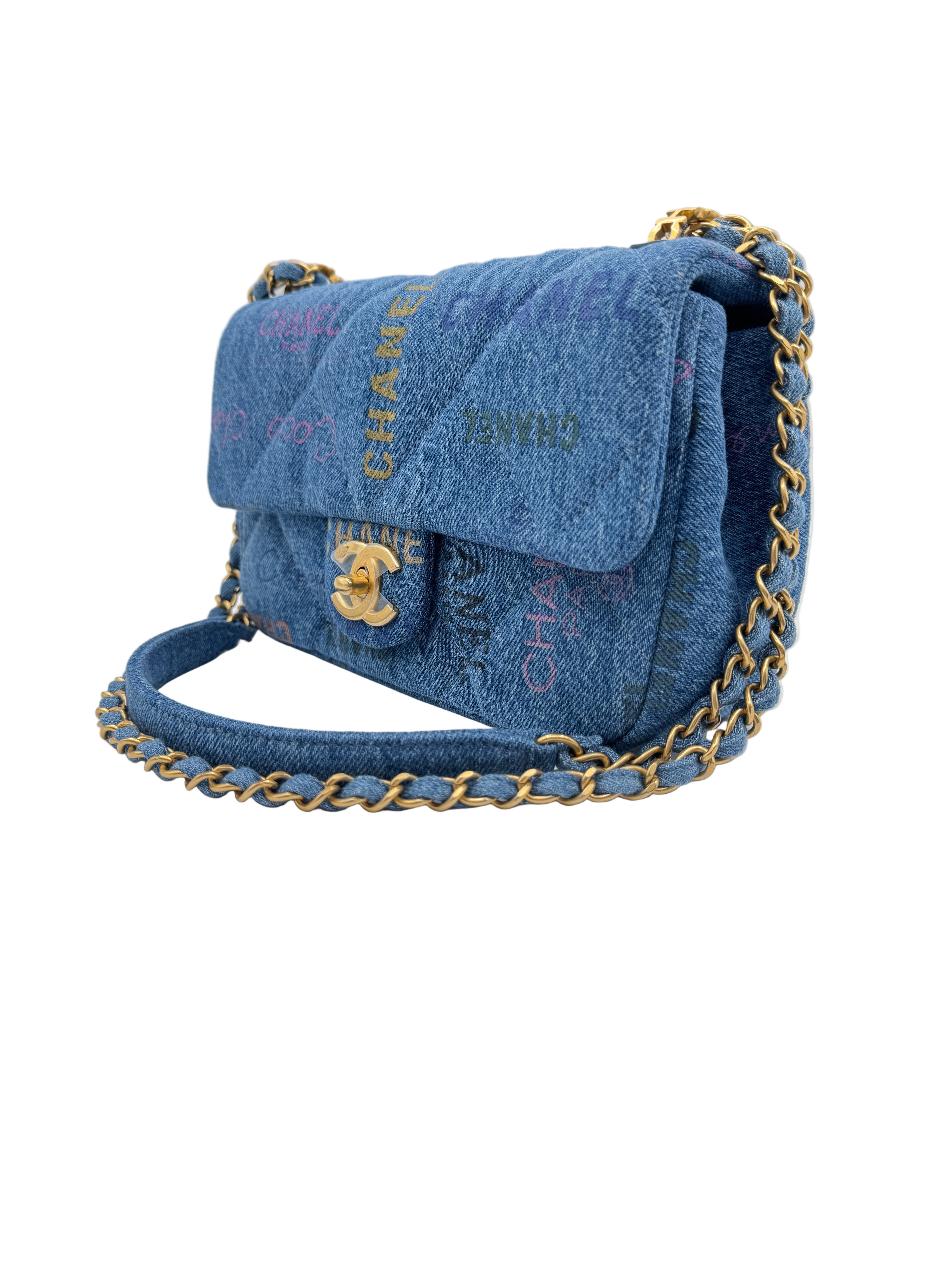 Chanel Blue Denim Mini Flap Bag With Multicolor Logos