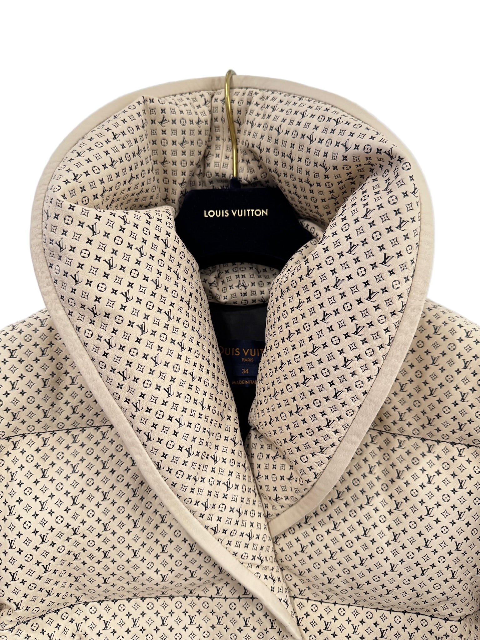 Louis Vuitton Cream Leather Puffer Jacket with Mini Monograms