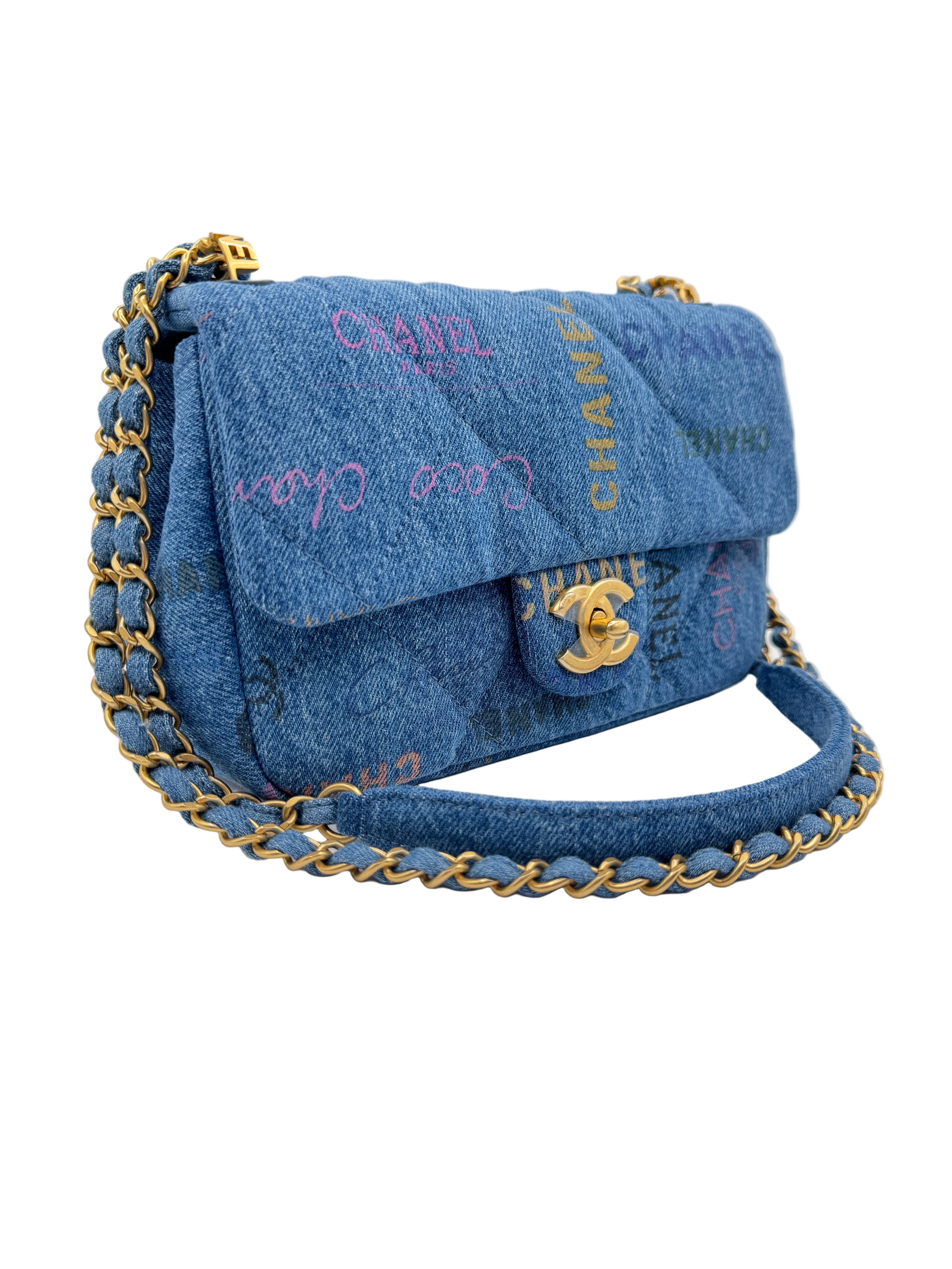 Chanel Blue Denim Mini Flap Bag With Multicolor Logos