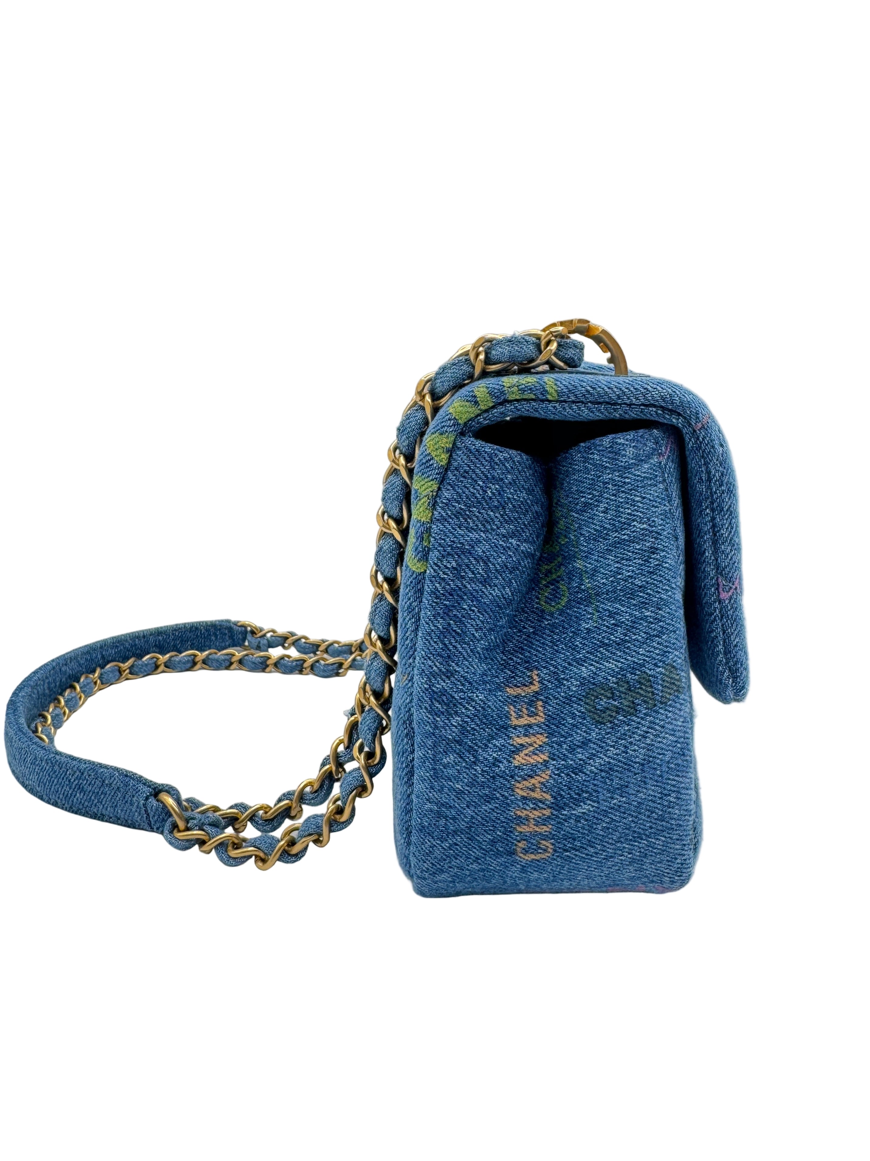 Chanel Blue Denim Mini Flap Bag With Multicolor Logos