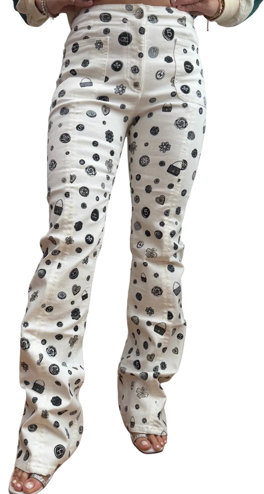 CHANEL White Denim Jeans with Black Charms Logos