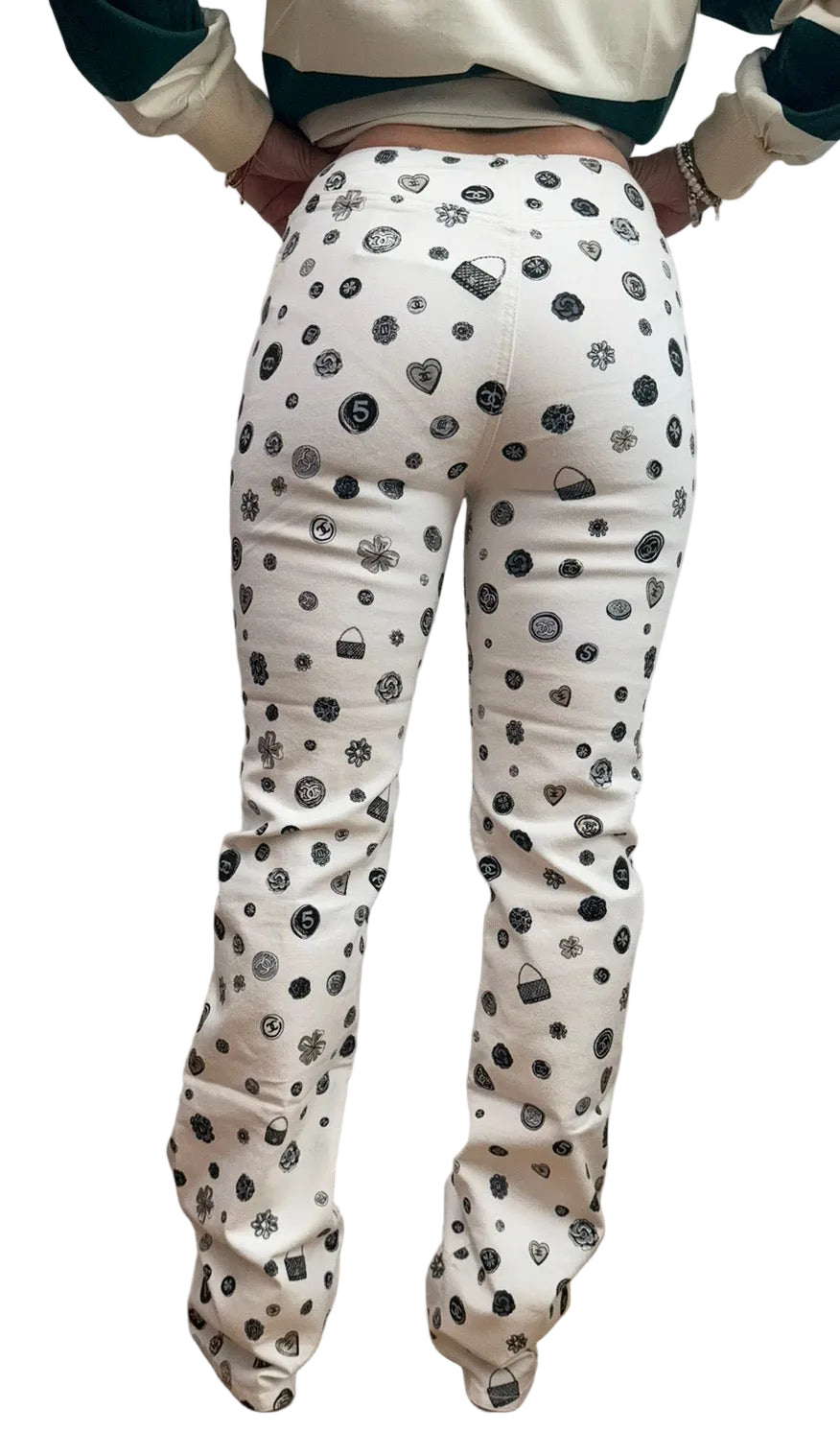 CHANEL White Denim Jeans with Black Charms Logos