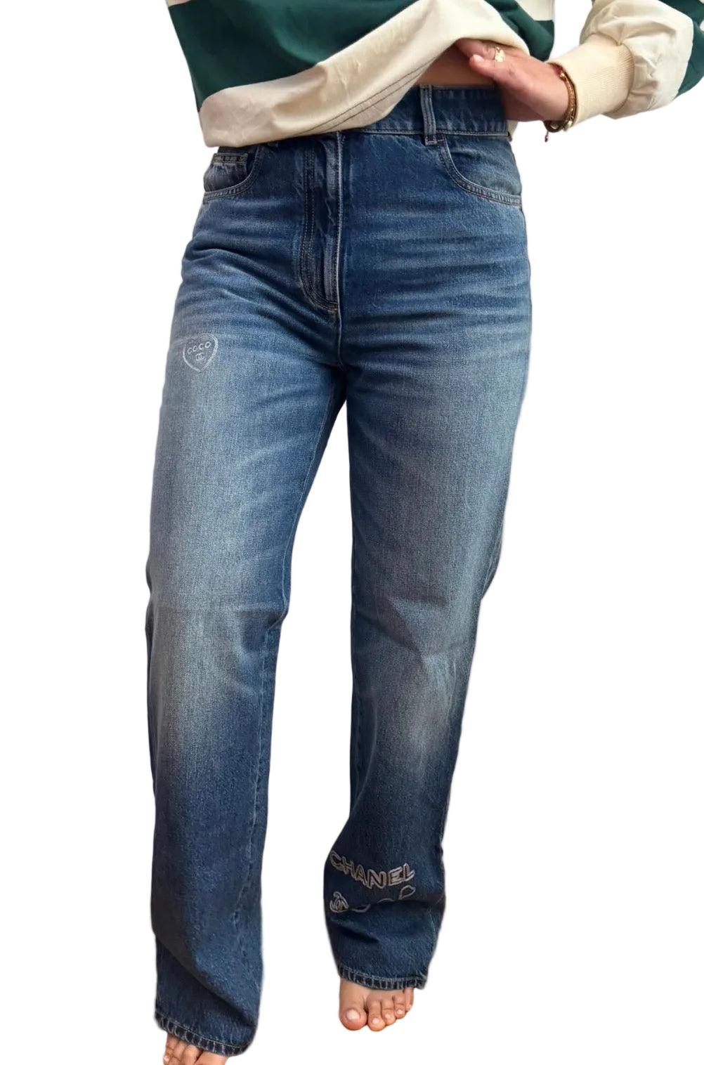 Chanel Blue Denim Jeans with Heart Embroidery