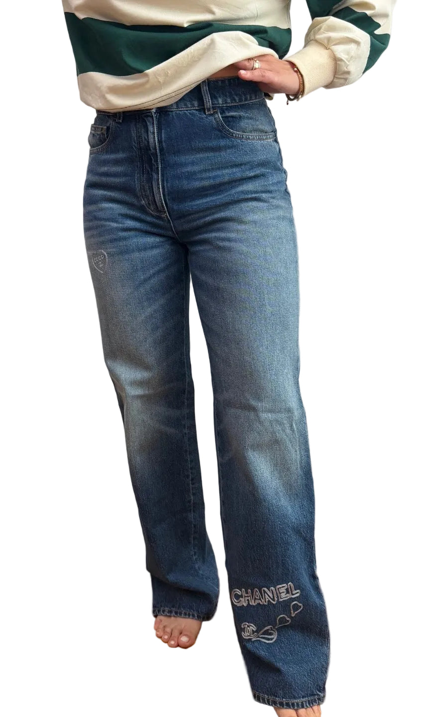 Chanel Blue Denim Jeans with Heart Embroidery