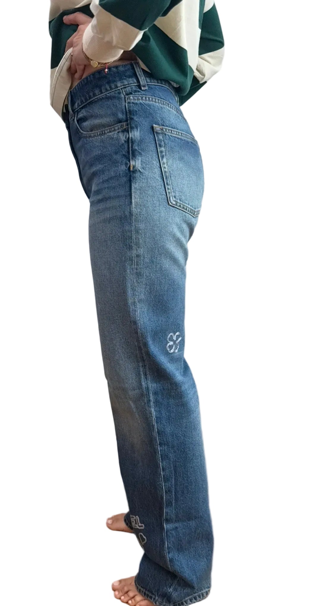 Chanel Blue Denim Jeans with Heart Embroidery