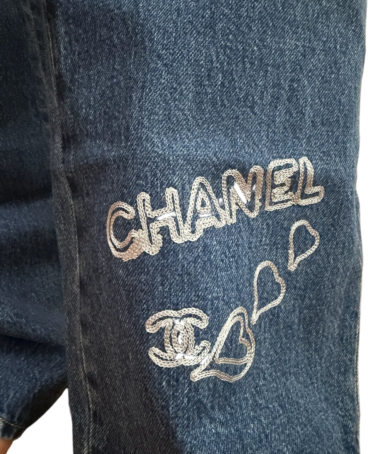 Chanel Blue Denim Jeans with Heart Embroidery