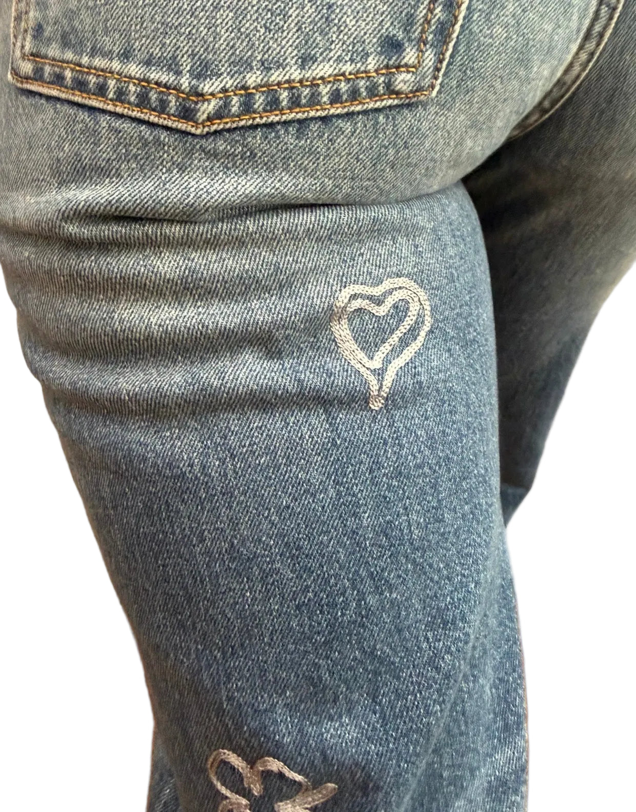 Chanel Blue Denim Jeans with Heart Embroidery