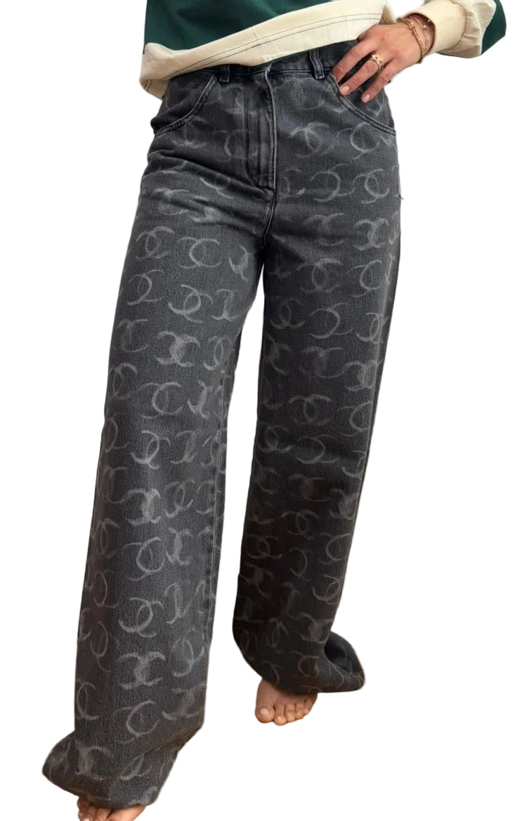 Chanel Black Denim Wide Leg Jeans with CC Logos