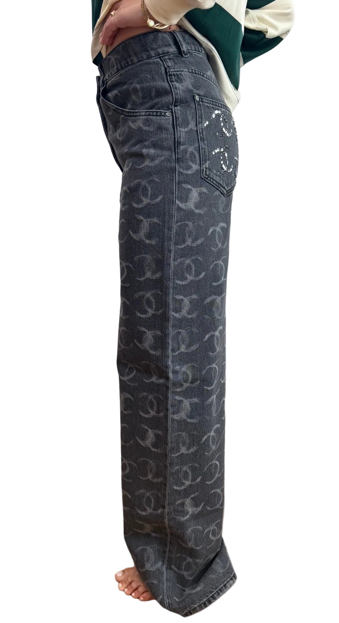 Chanel Black Denim Wide Leg Jeans with CC Logos