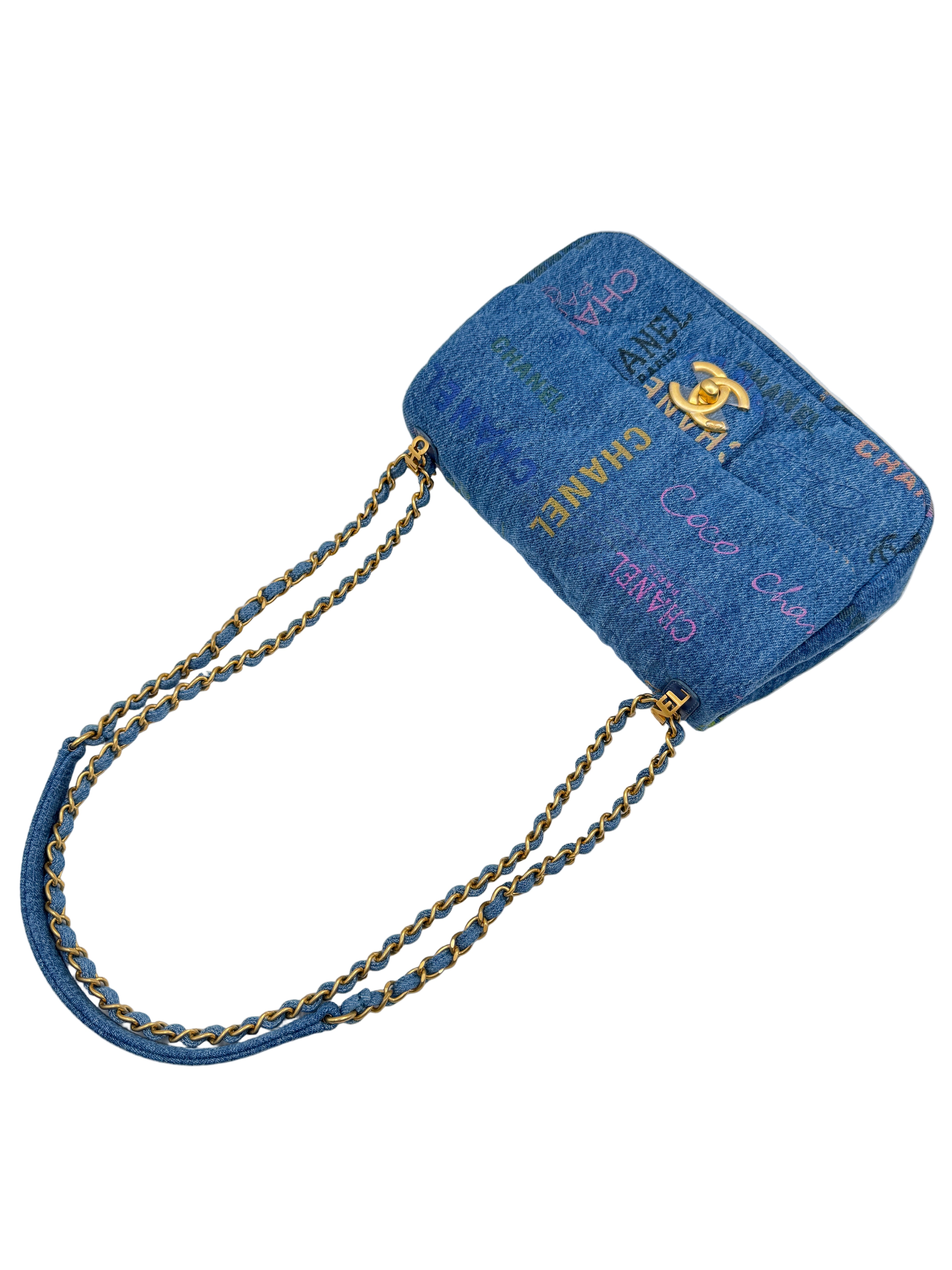 Chanel Blue Denim Mini Flap Bag With Multicolor Logos