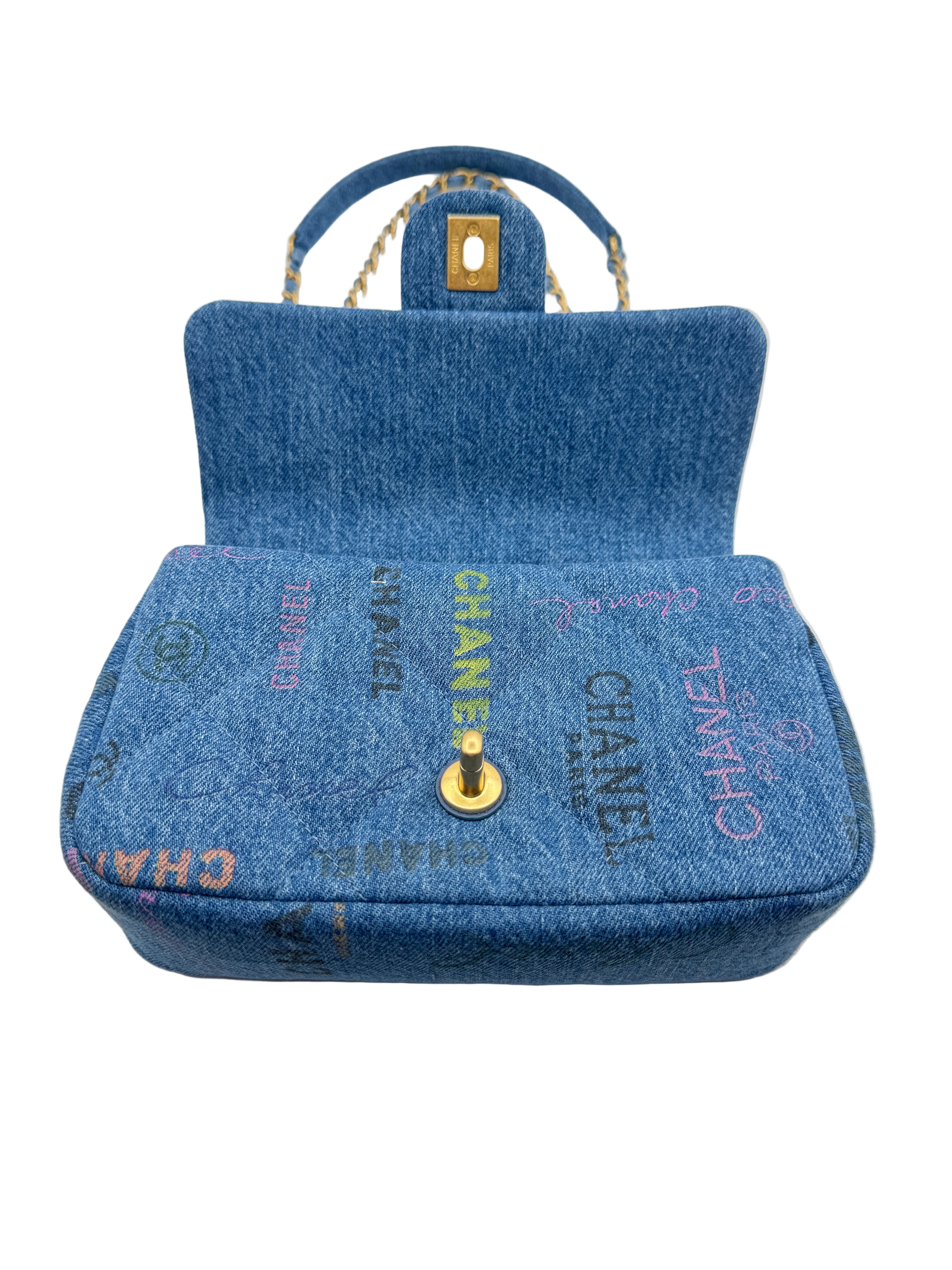 Chanel Blue Denim Mini Flap Bag With Multicolor Logos