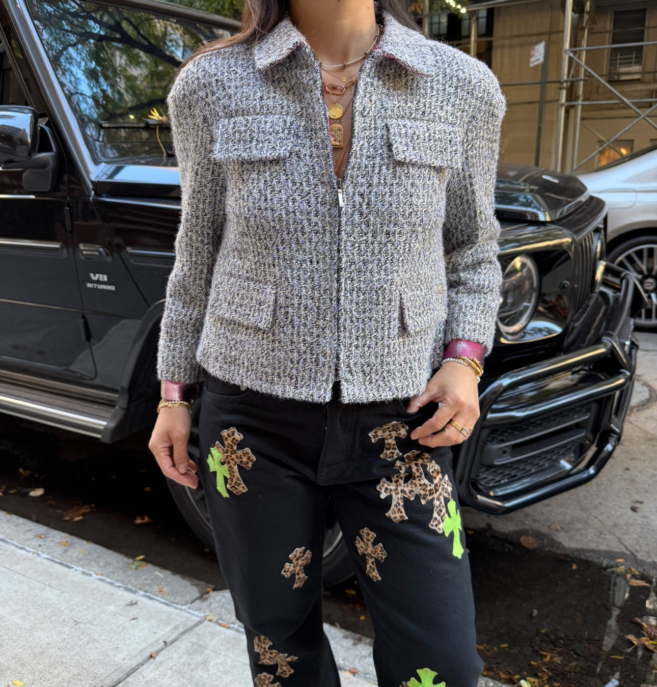 CHANEL Fantasy Tweed Jacket Gray and Metallic Blue