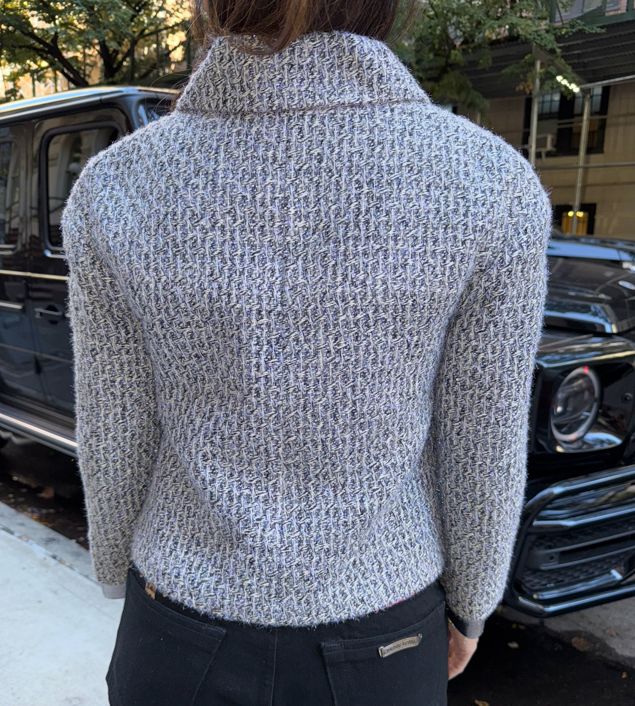 CHANEL Fantasy Tweed Jacket Gray and Metallic Blue