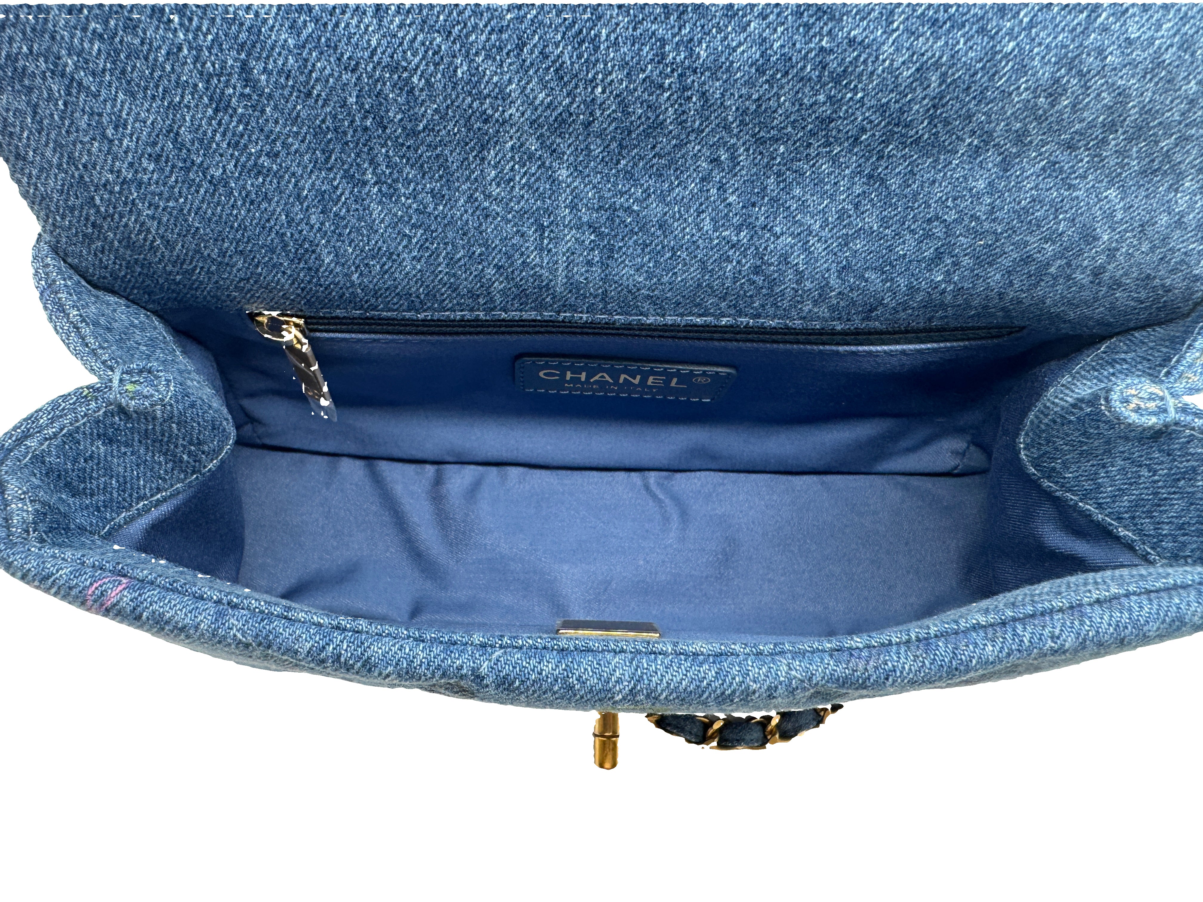 Chanel Blue Denim Mini Flap Bag With Multicolor Logos