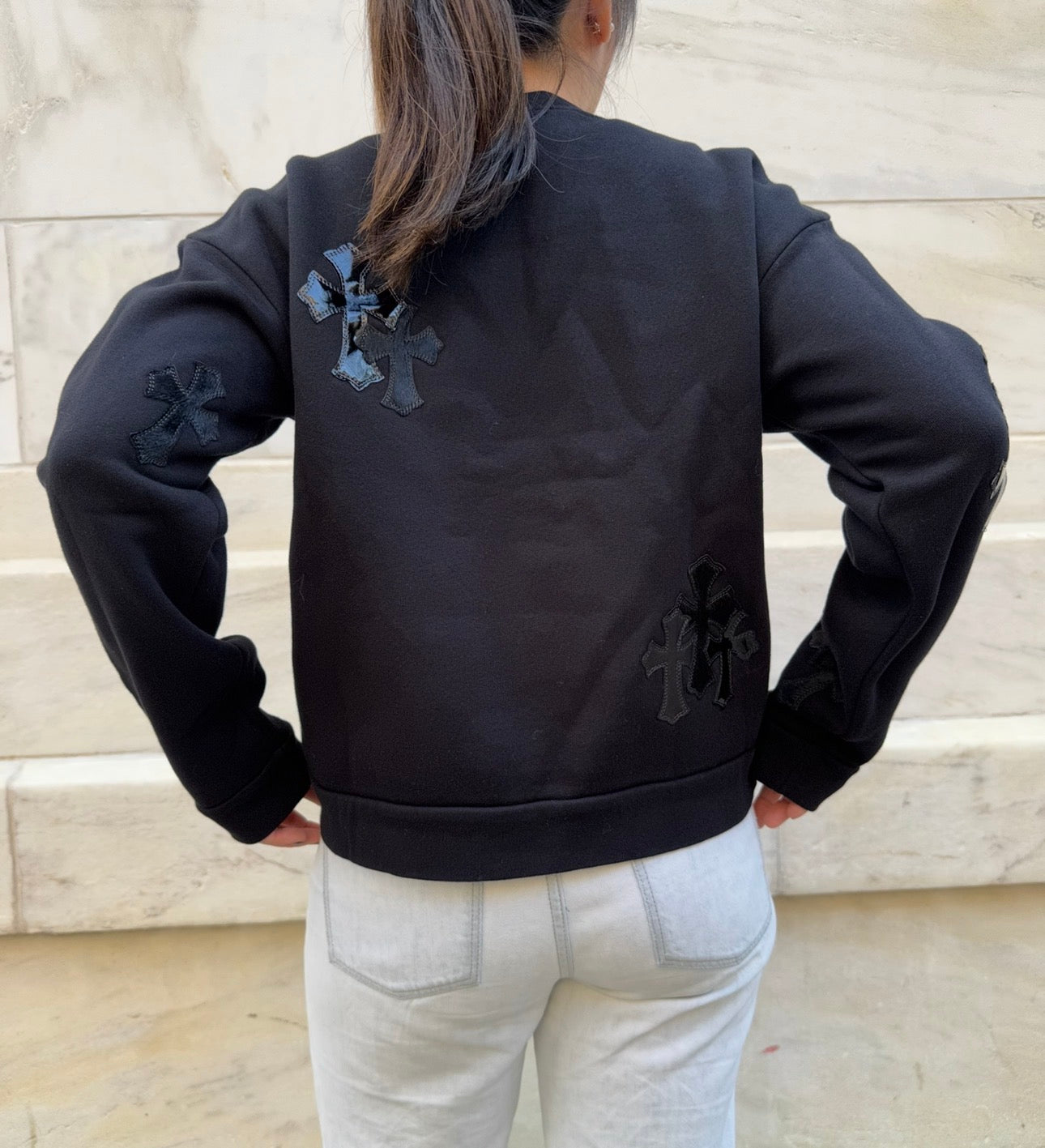 Chrome Hearts Black Sweater Black Leather and Ponyhair Cross Patches