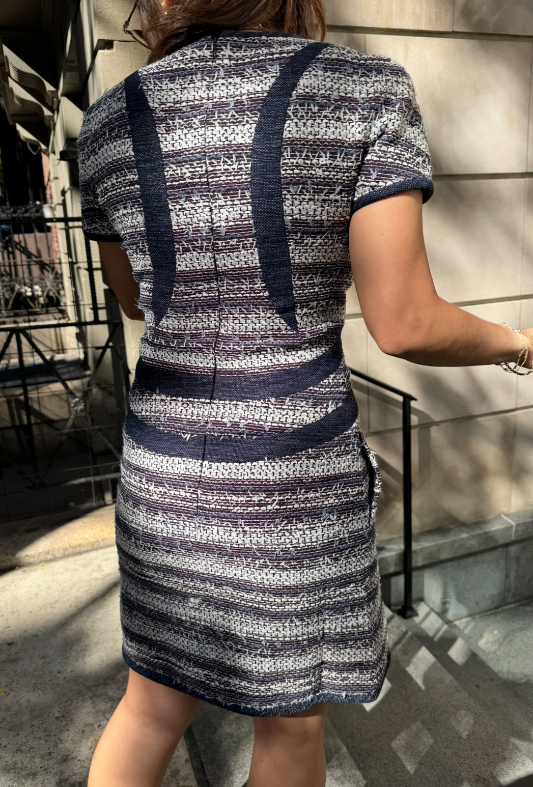 CHANEL Blue White Tweed Short Sleeve Dress