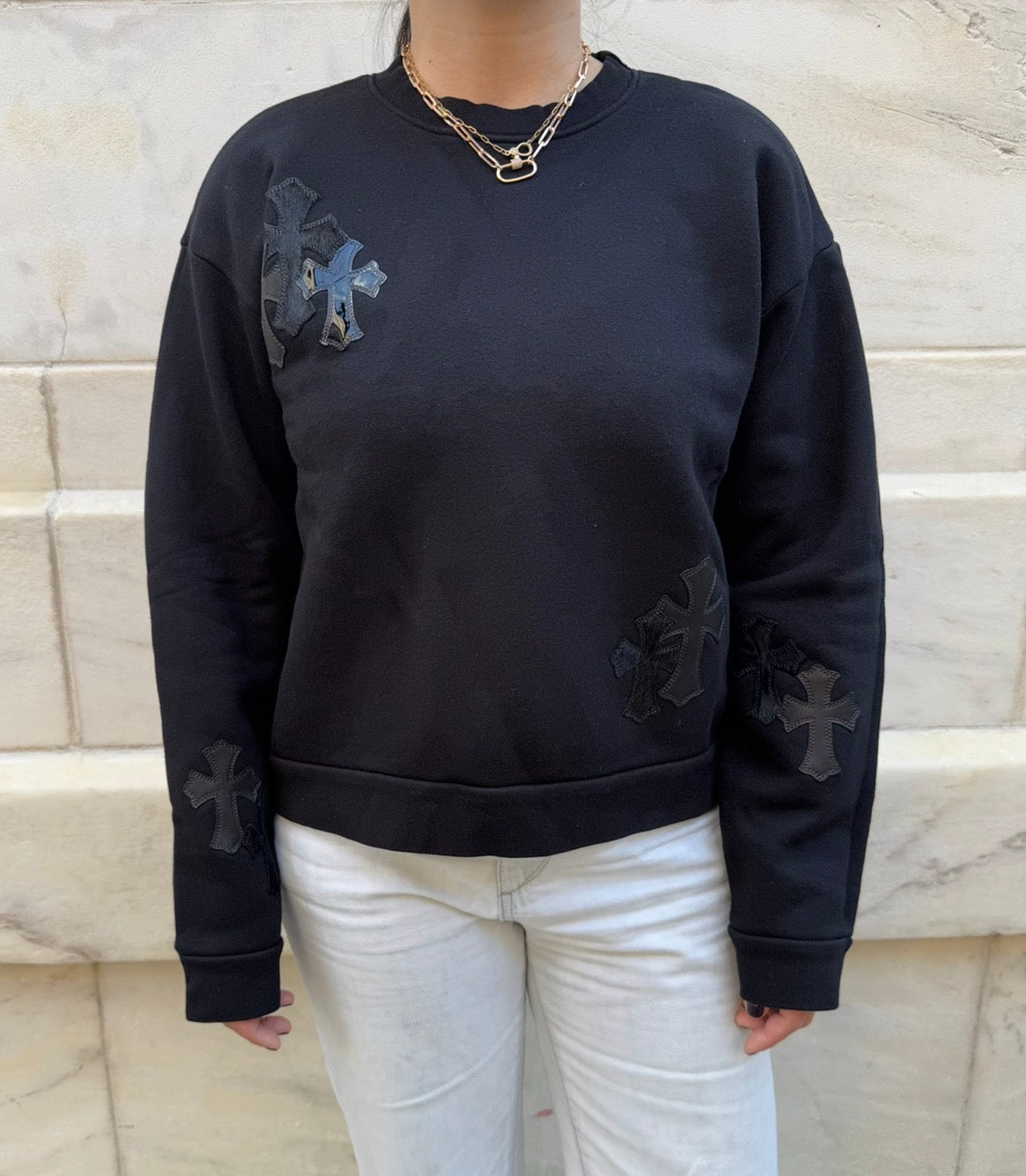 Chrome Hearts Black Sweater Black Leather and Ponyhair Cross Patches