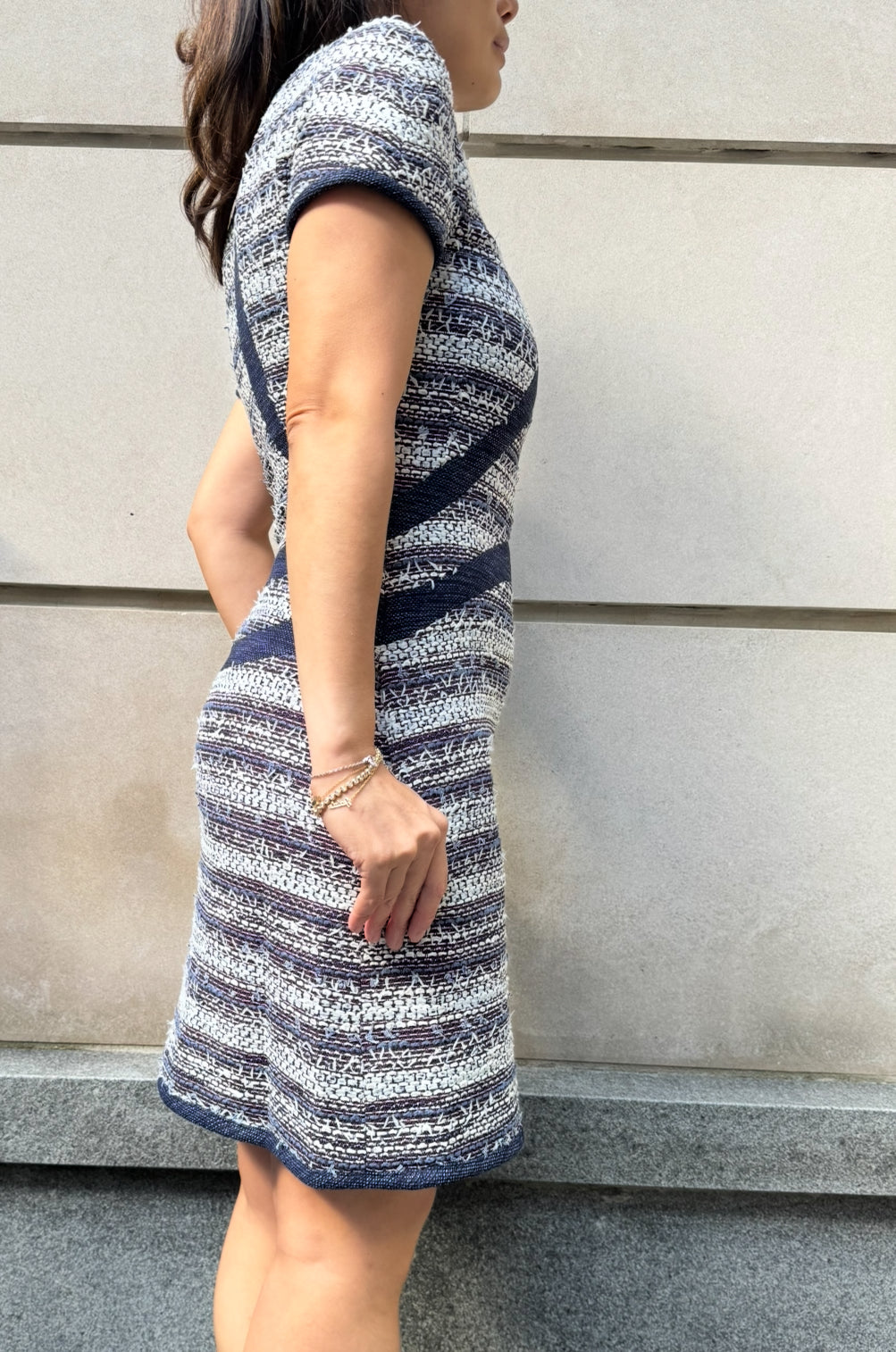 CHANEL Blue White Tweed Short Sleeve Dress